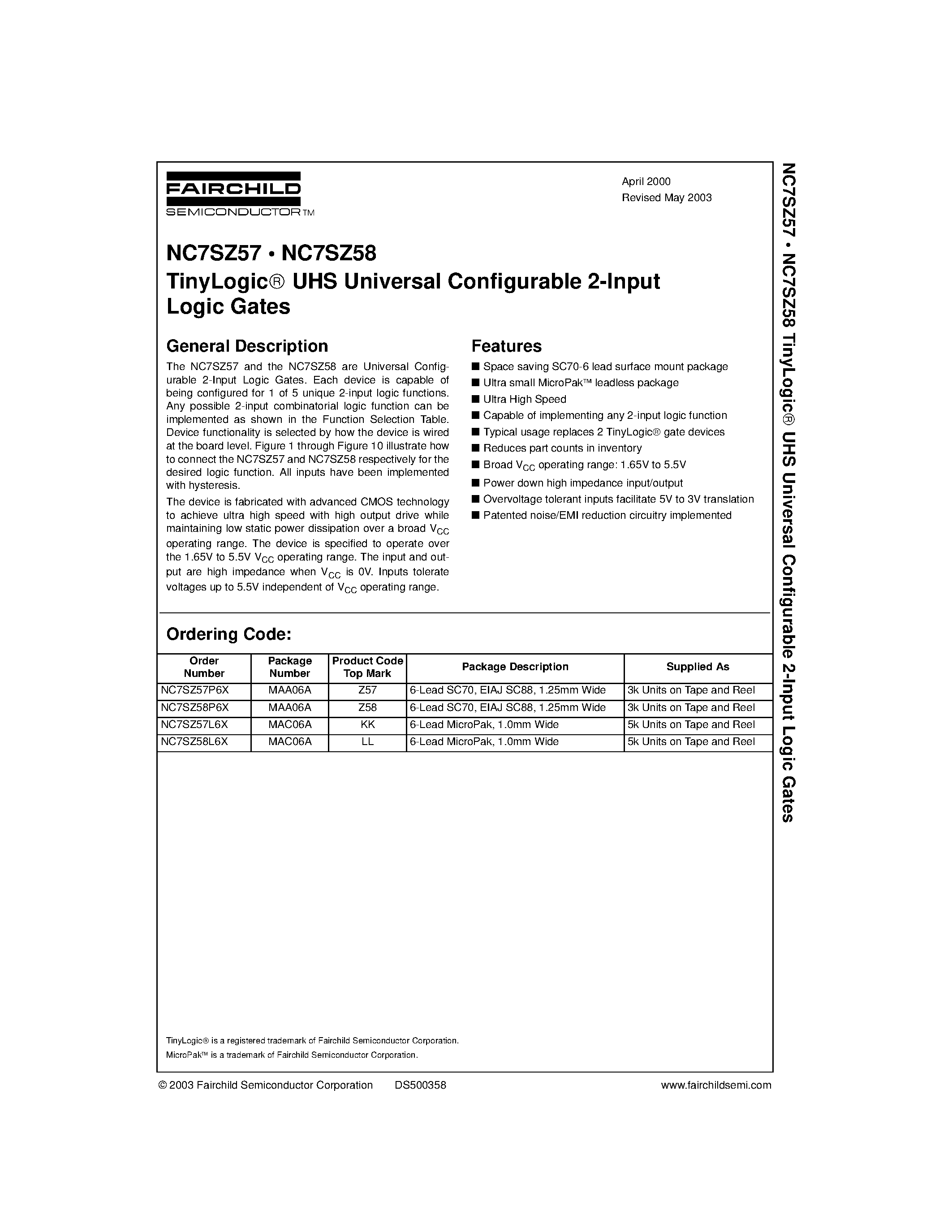 Даташит NC7SZ57L6X - TinyLogic UHS Universal Configurable 2-Input страница 1