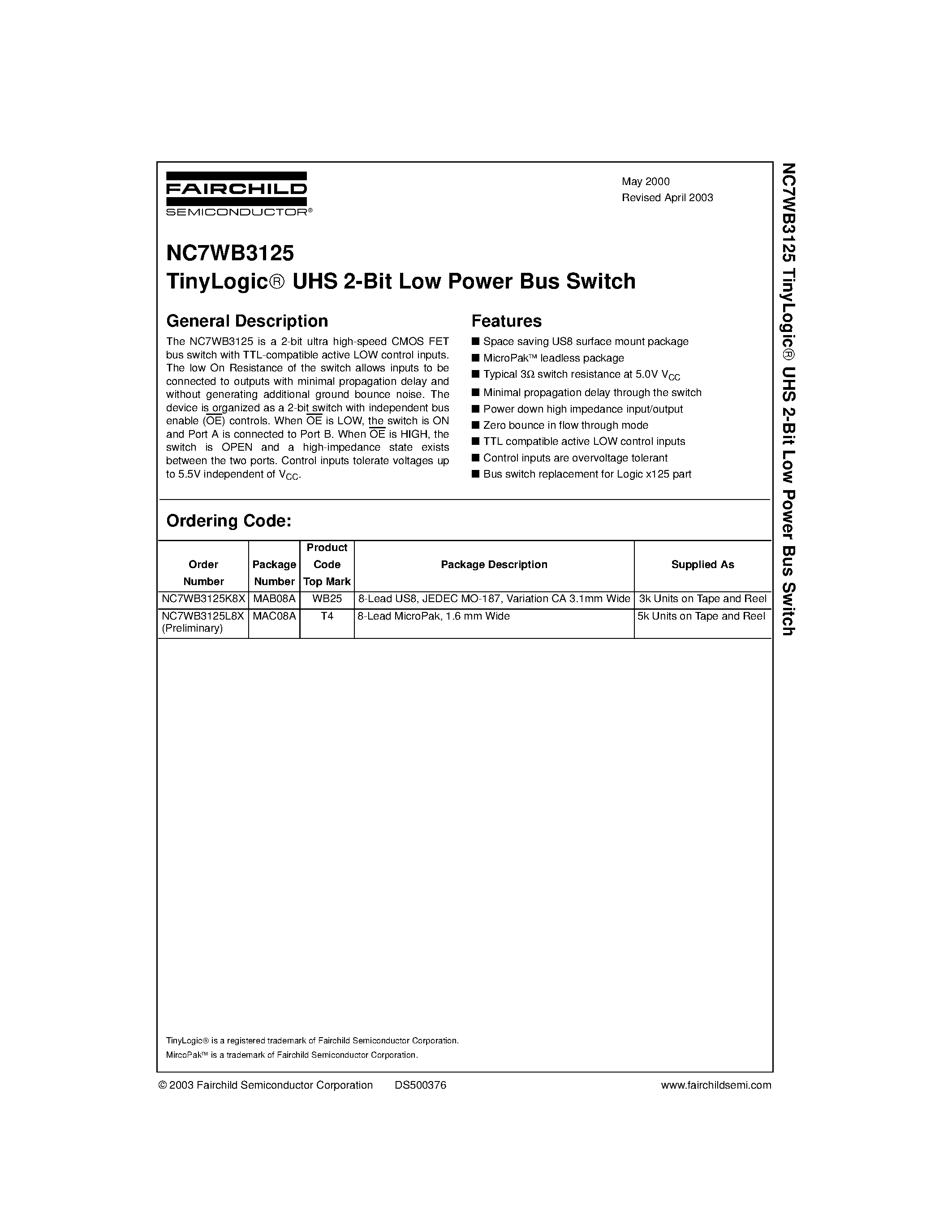 Даташит NC7WB3125 - TinyLogic UHS 2-Bit Low Power Bus Switch страница 1