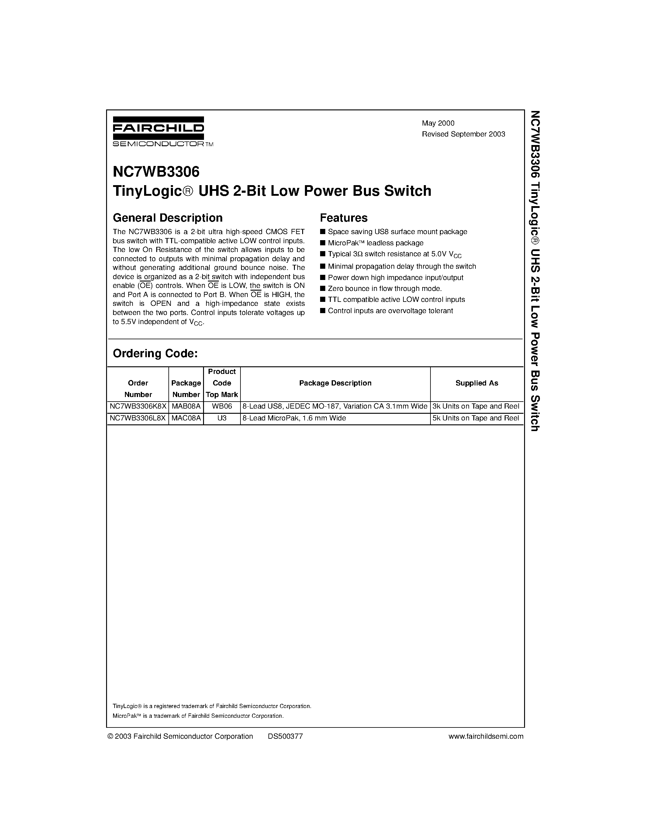 Даташит NC7WB3306 - TinyLogic UHS 2-Bit Low Power Bus Switch страница 1