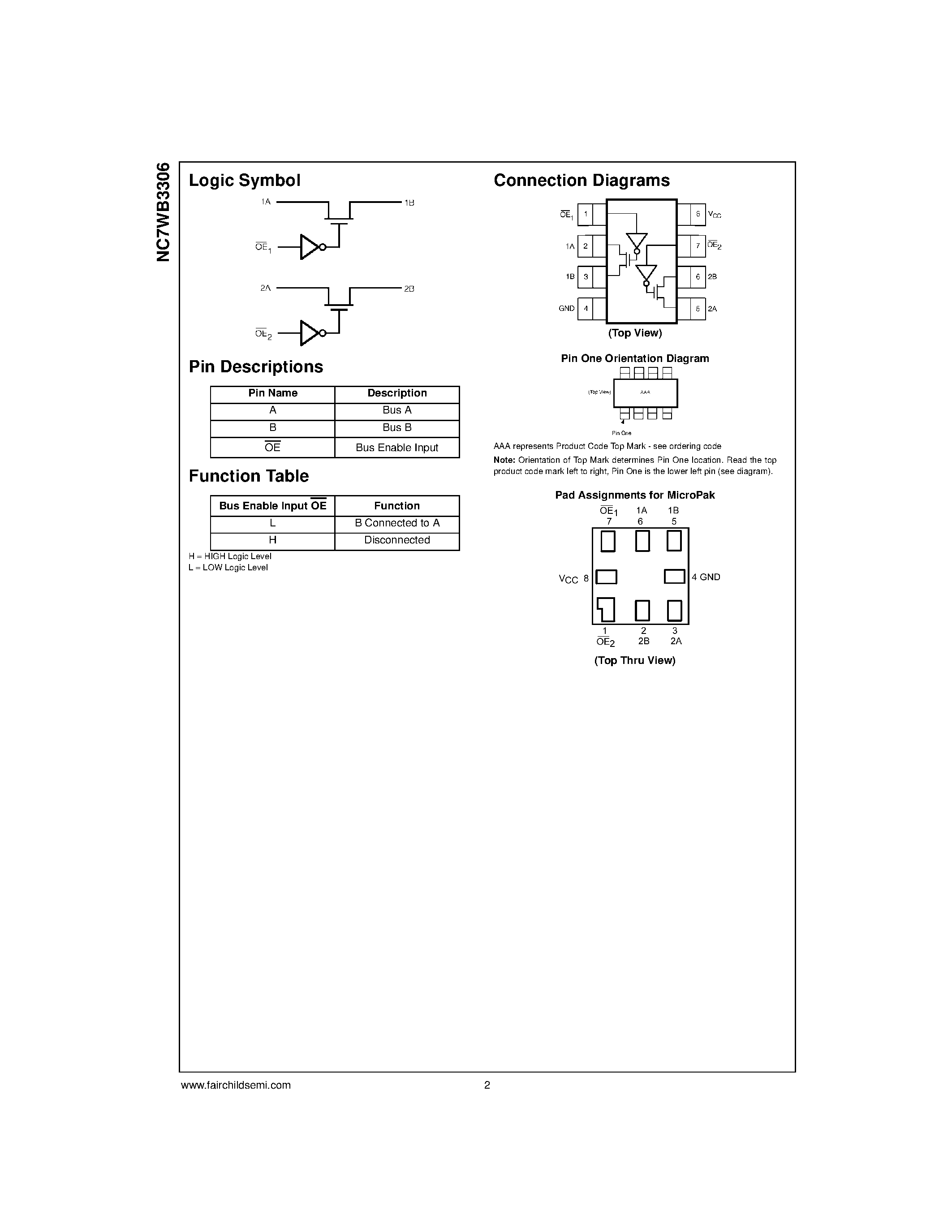 Даташит NC7WB3306 - TinyLogic UHS 2-Bit Low Power Bus Switch страница 2