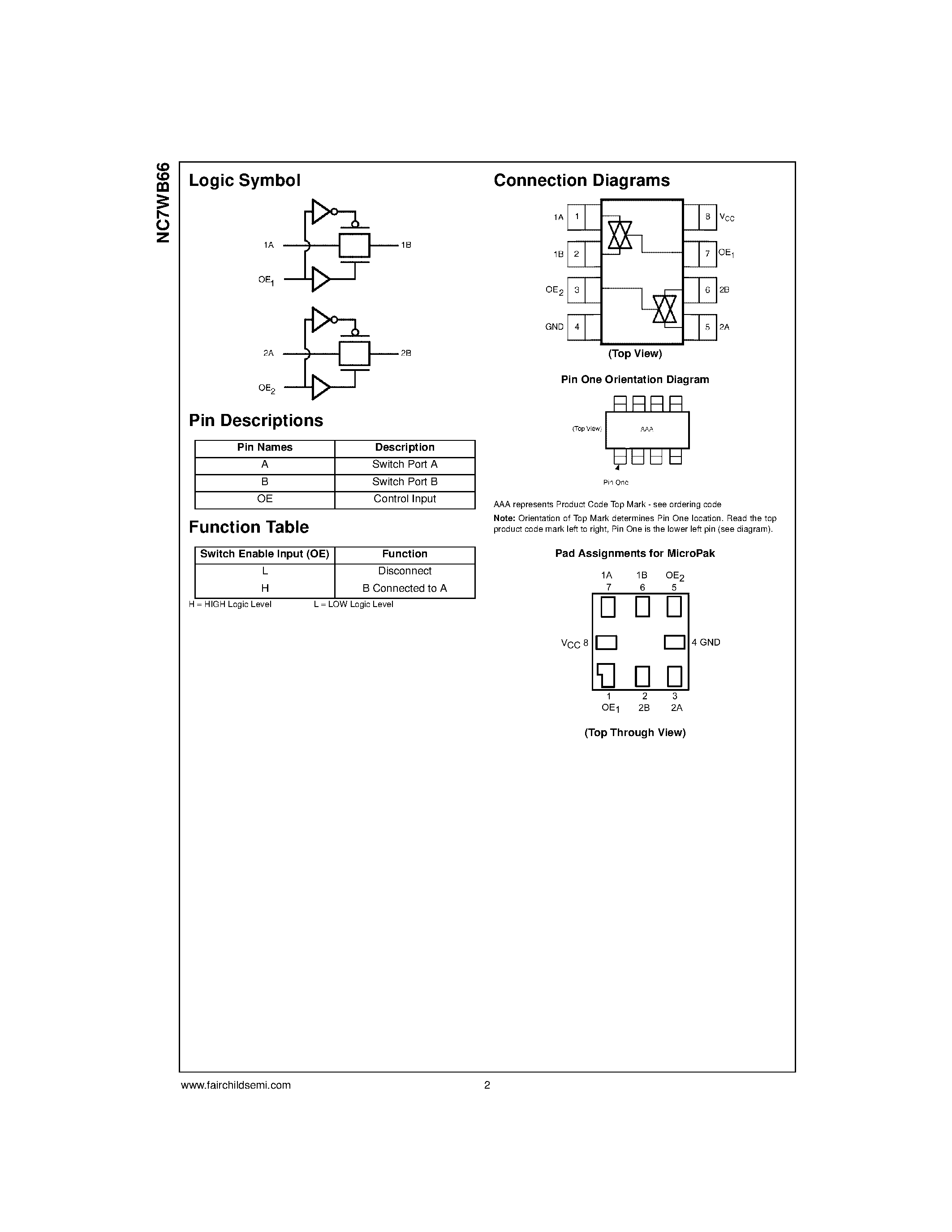 Даташит NC7WB66K8X - TinyLogic Low Voltage UHS Dual SPST Normally Open Analog Switch or 2-Bit Bus Switch страница 2