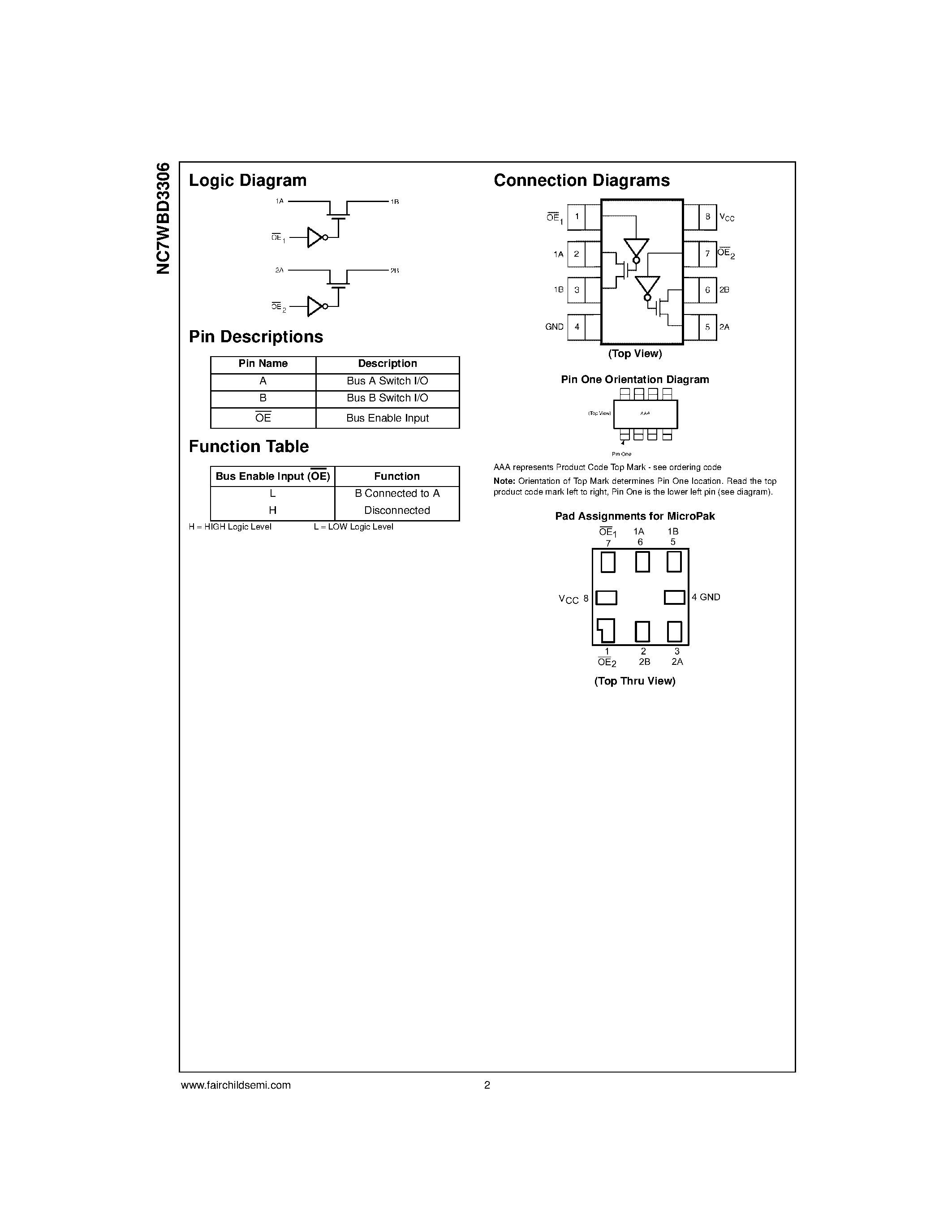 Даташит NC7WBD3306 - TinyLogic. UHS 2-Bit Low Power Bus Switch with Level Shifting страница 2