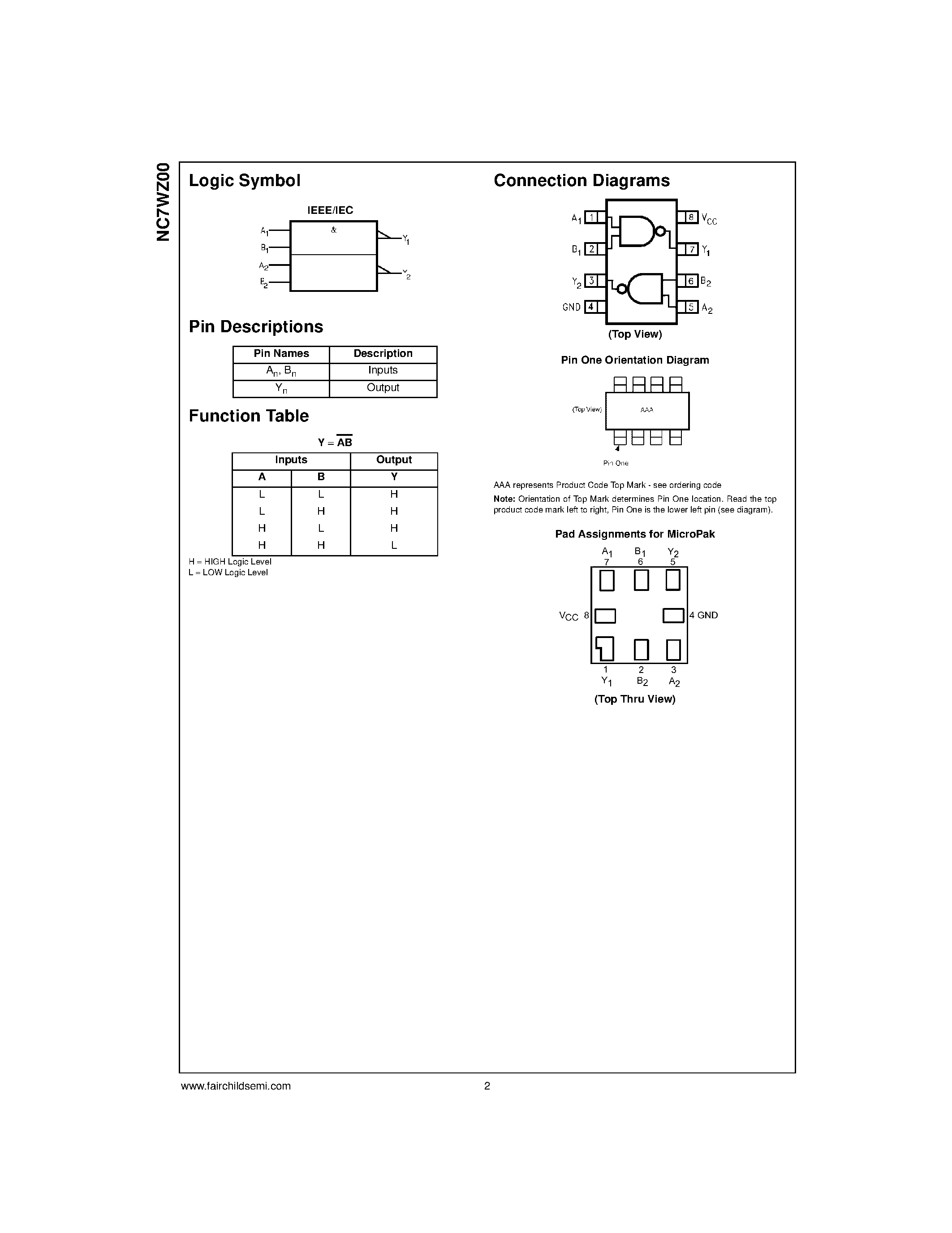 Даташит NC7WZ00 - TinyLogic UHS Dual 2-Input NAND Gate страница 2