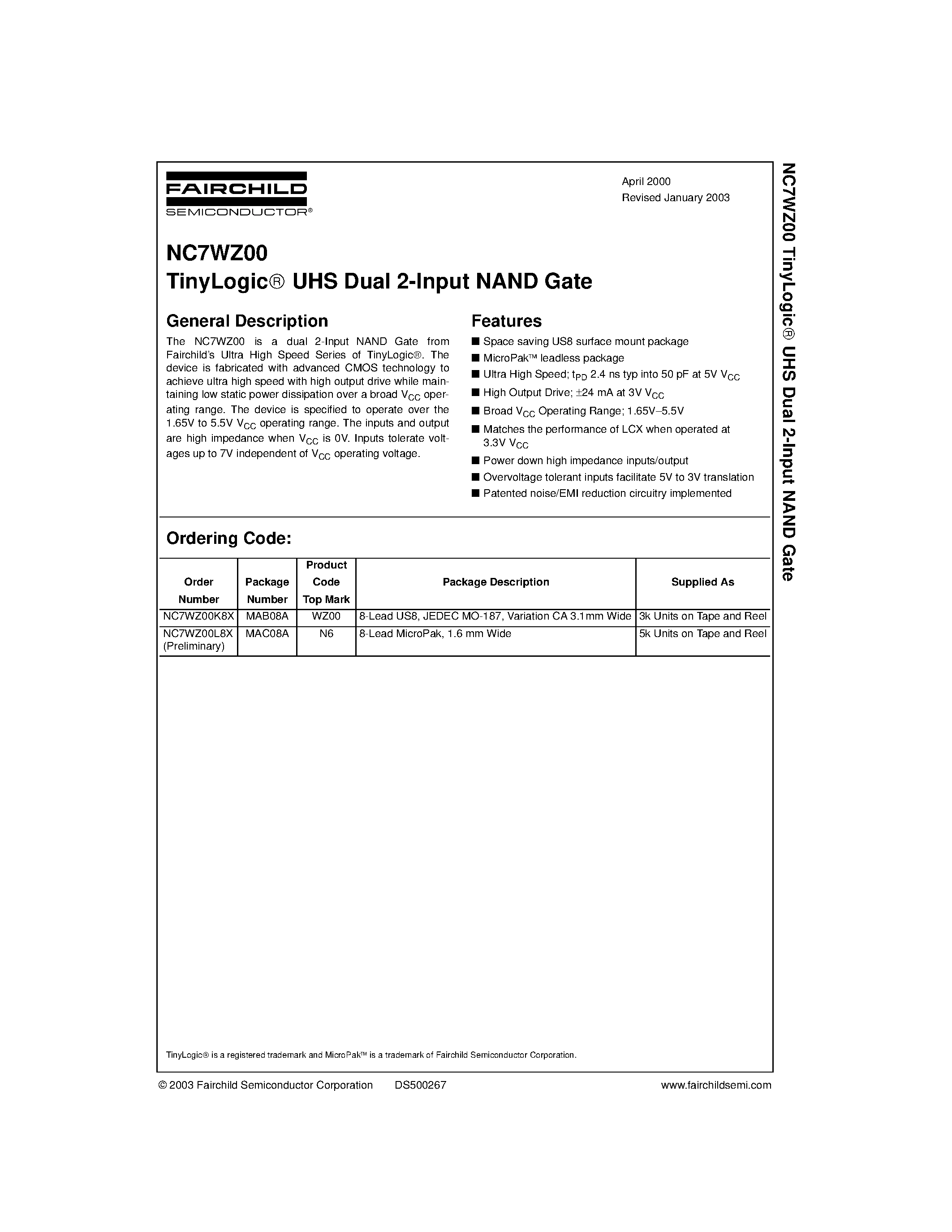 Даташит NC7WZ00L8X(Preliminary) - TinyLogic UHS Dual 2-Input NAND Gate страница 1