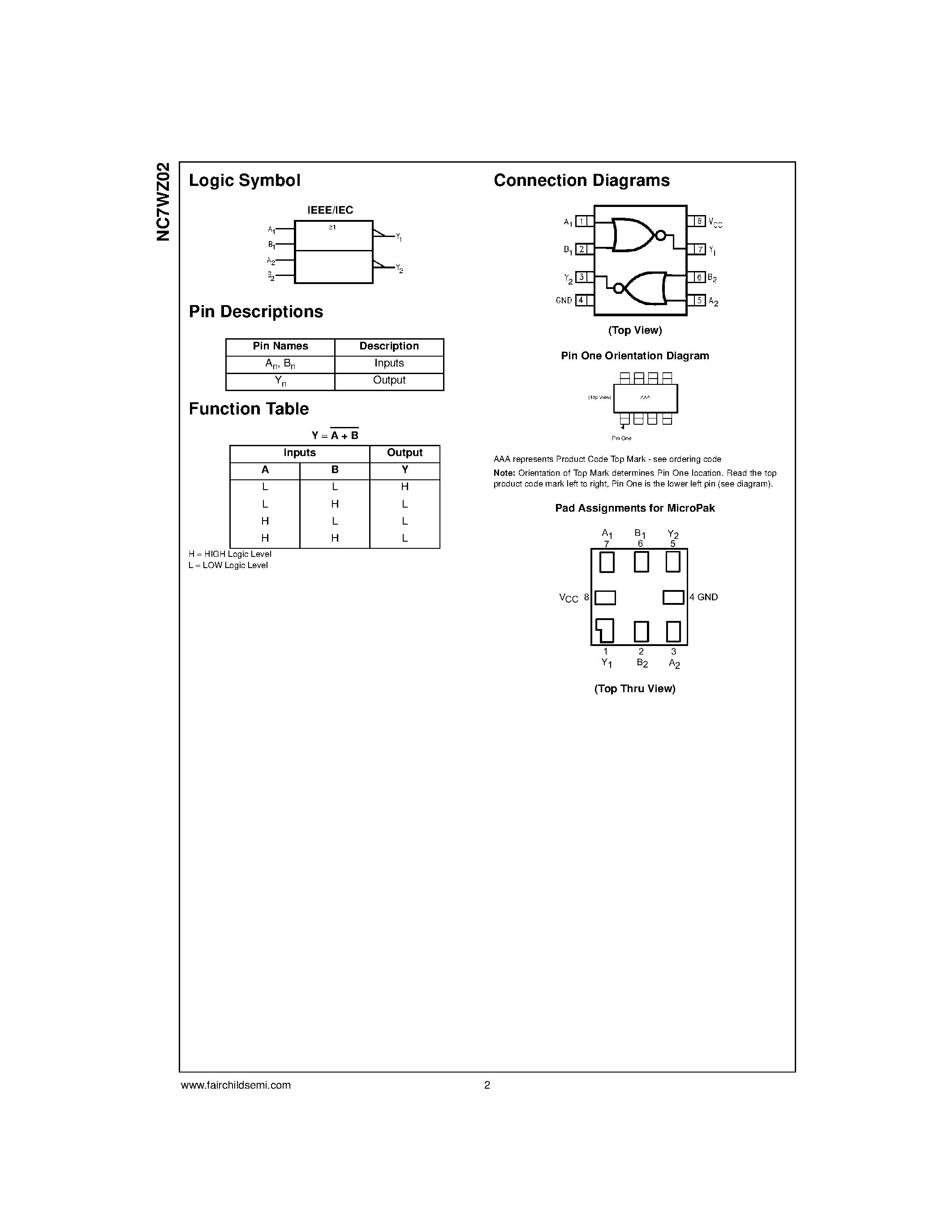 Даташит NC7WZ02 - TinyLogic UHS Dual 2-Input NOR Gate страница 2