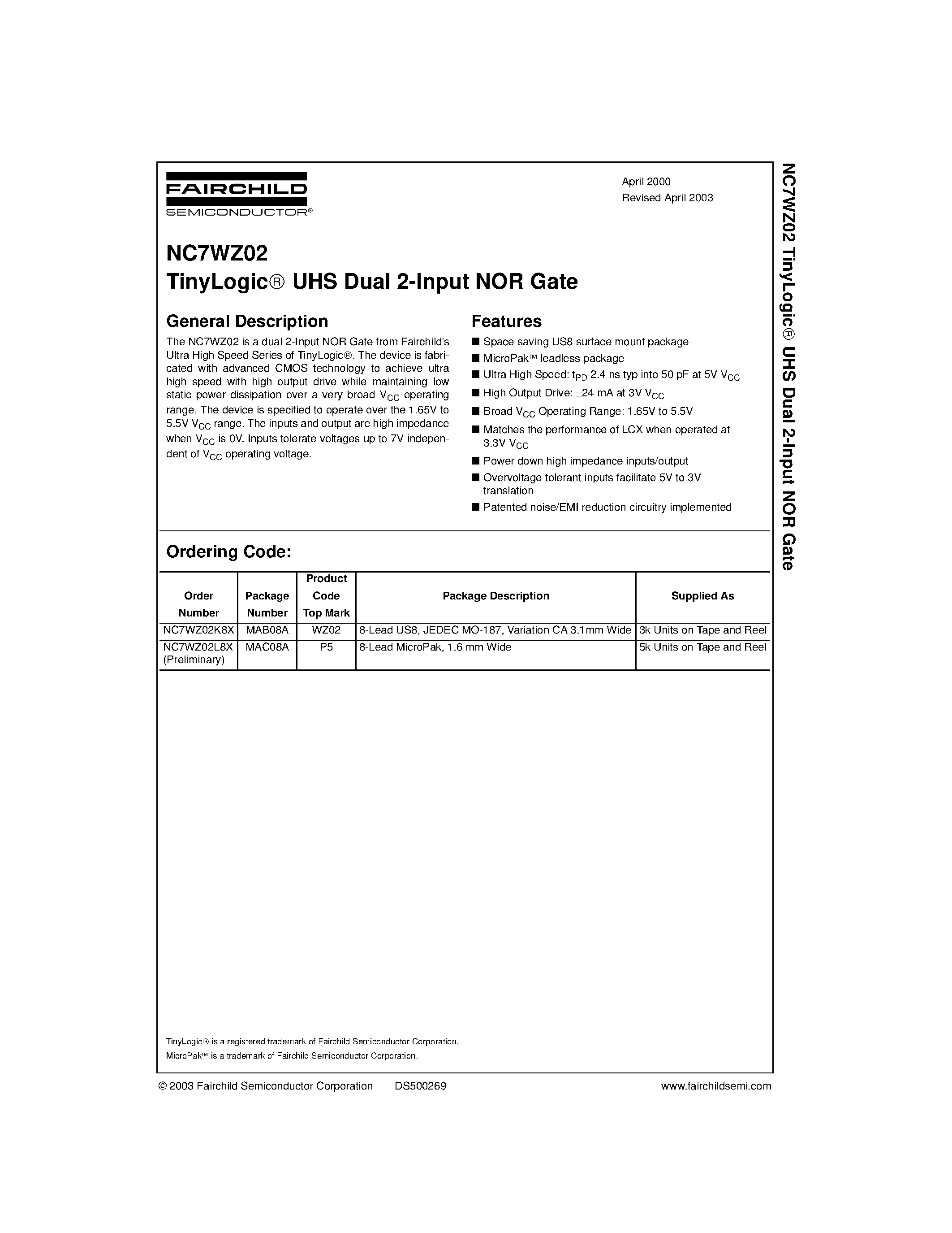 Даташит NC7WZ02L8X(Preliminary) - TinyLogic UHS Dual 2-Input NOR Gate страница 1