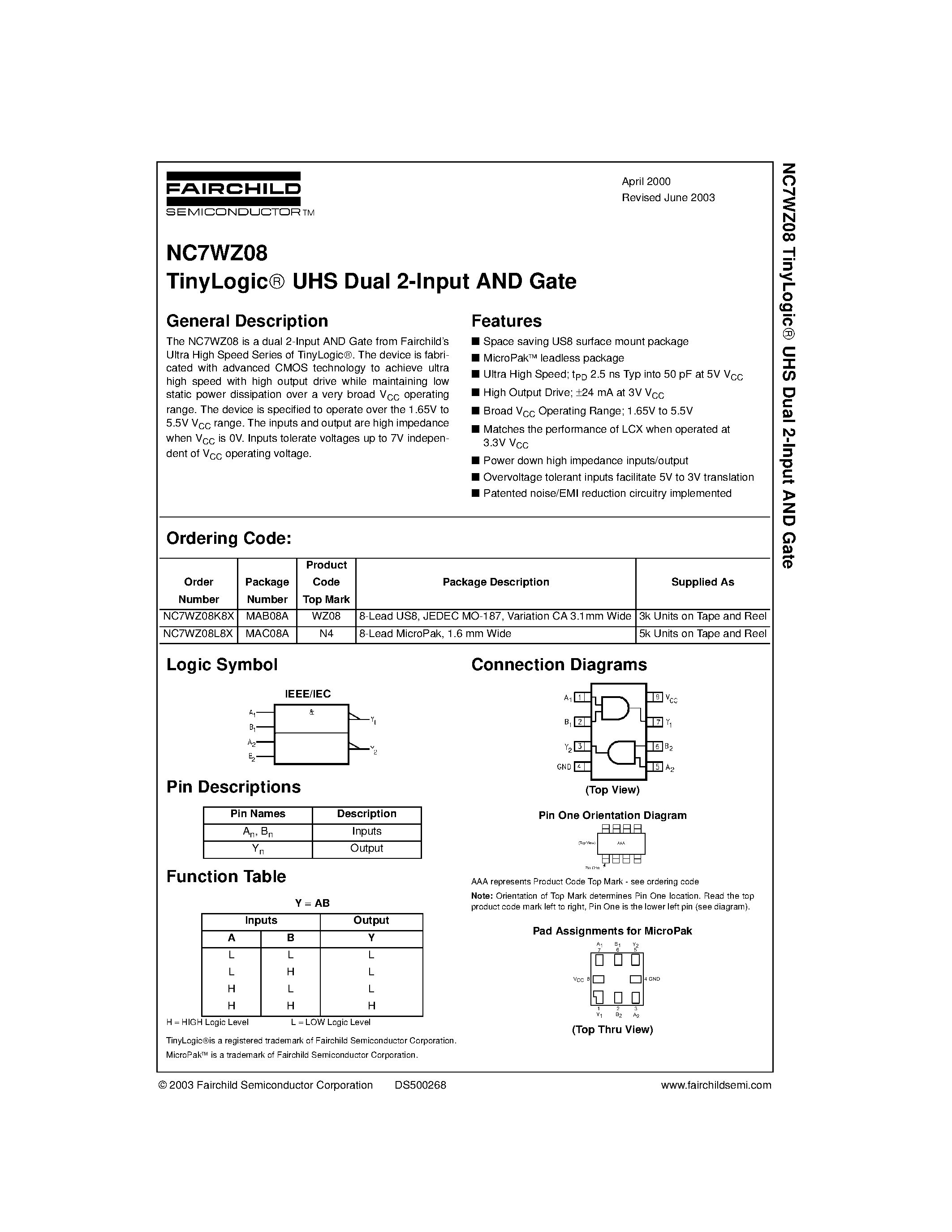 Даташит NC7WZ08 - TinyLogic UHS Dual 2-Input AND Gate страница 1