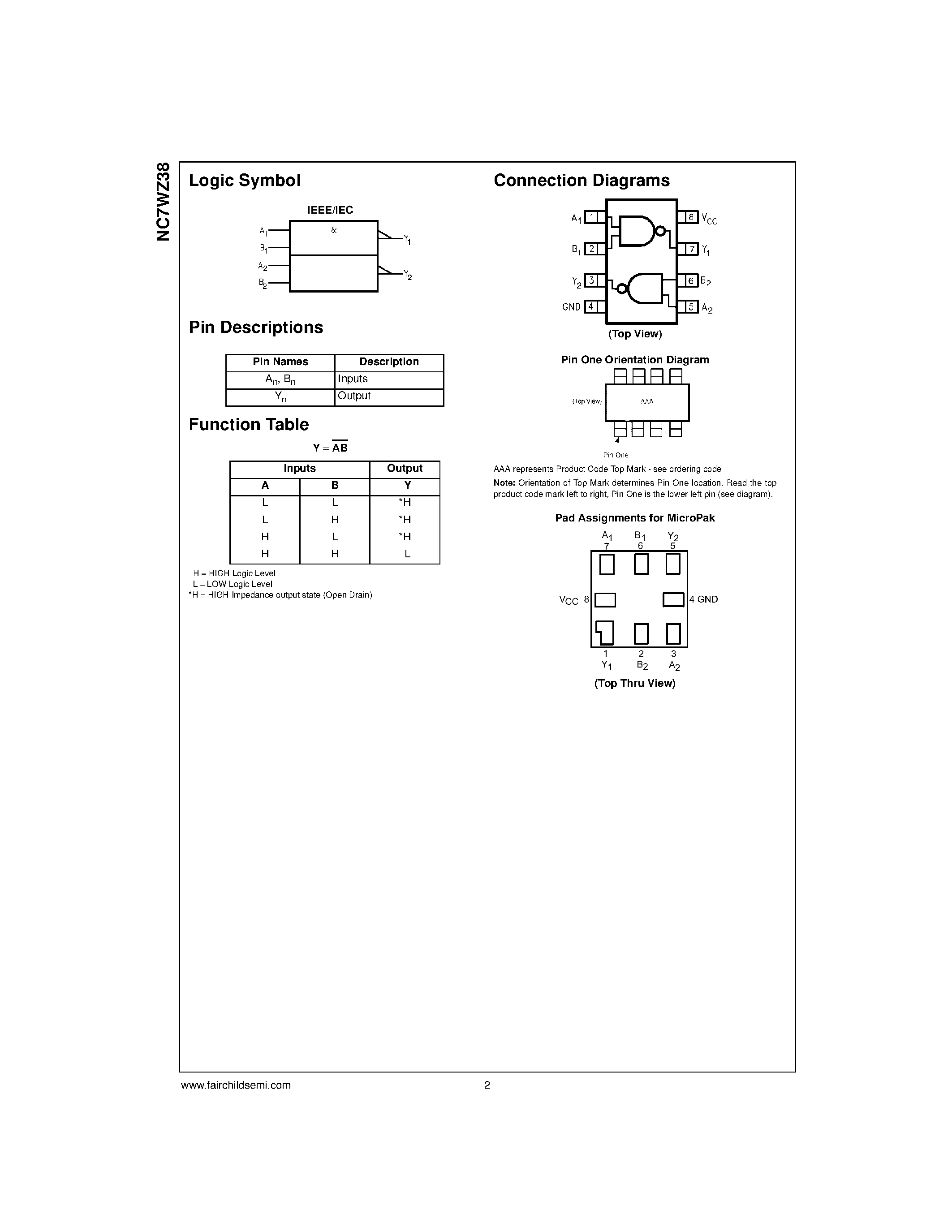 Даташит NC7WZ38 - TinyLogic UHS Dual 2-Input NAND Gate страница 2