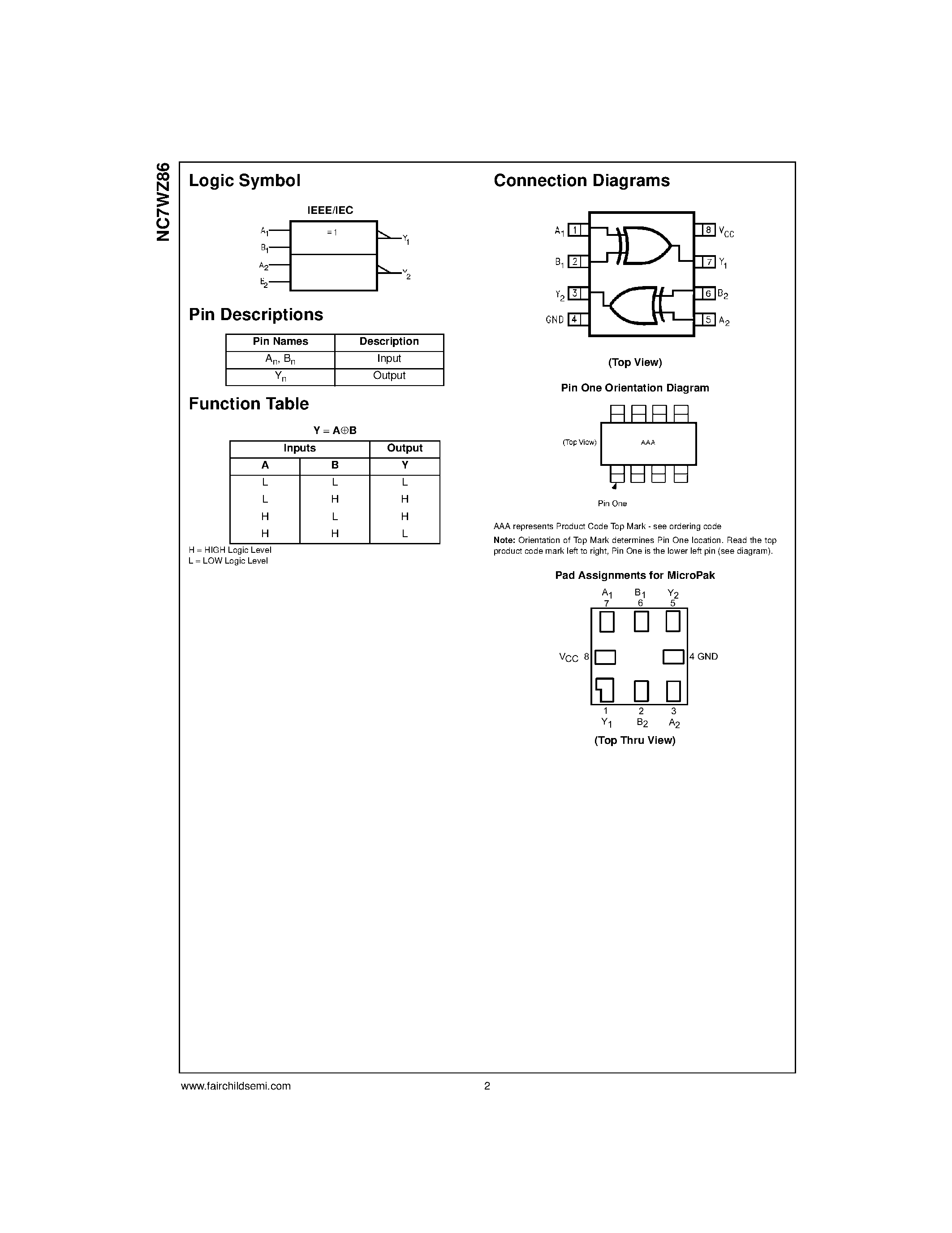 Даташит NC7WZ86 - TinyLogic UHS Dual 2-Input Exclusive-OR Gate страница 2