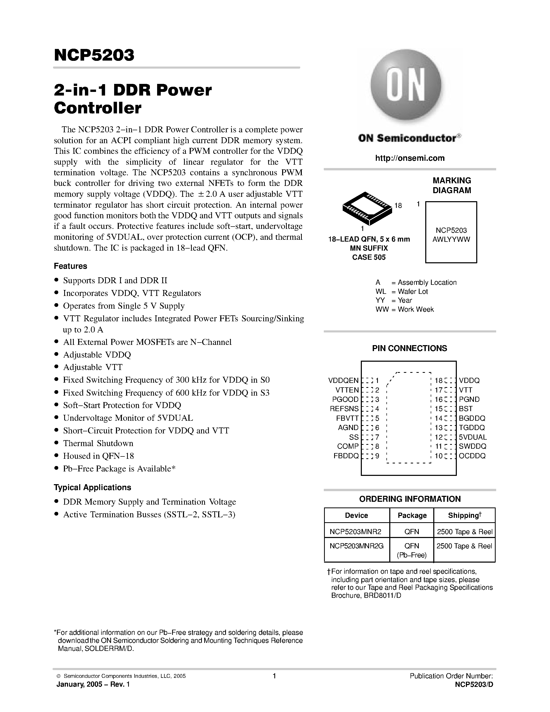 Даташит NCP5203 - 2-in-1 DDR Power Controller страница 1