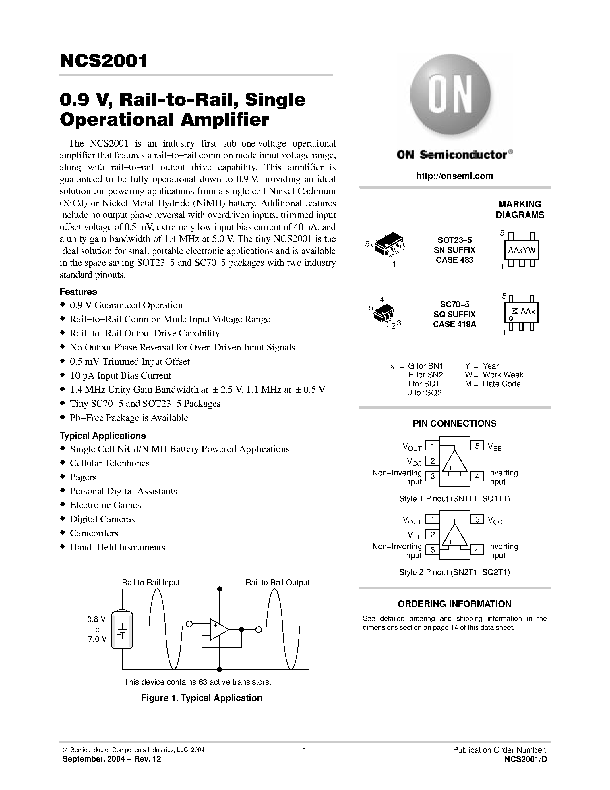 Даташит NCS2001 - 0.9 V / Rail-to-Rail / Single Operational Amplifier страница 1