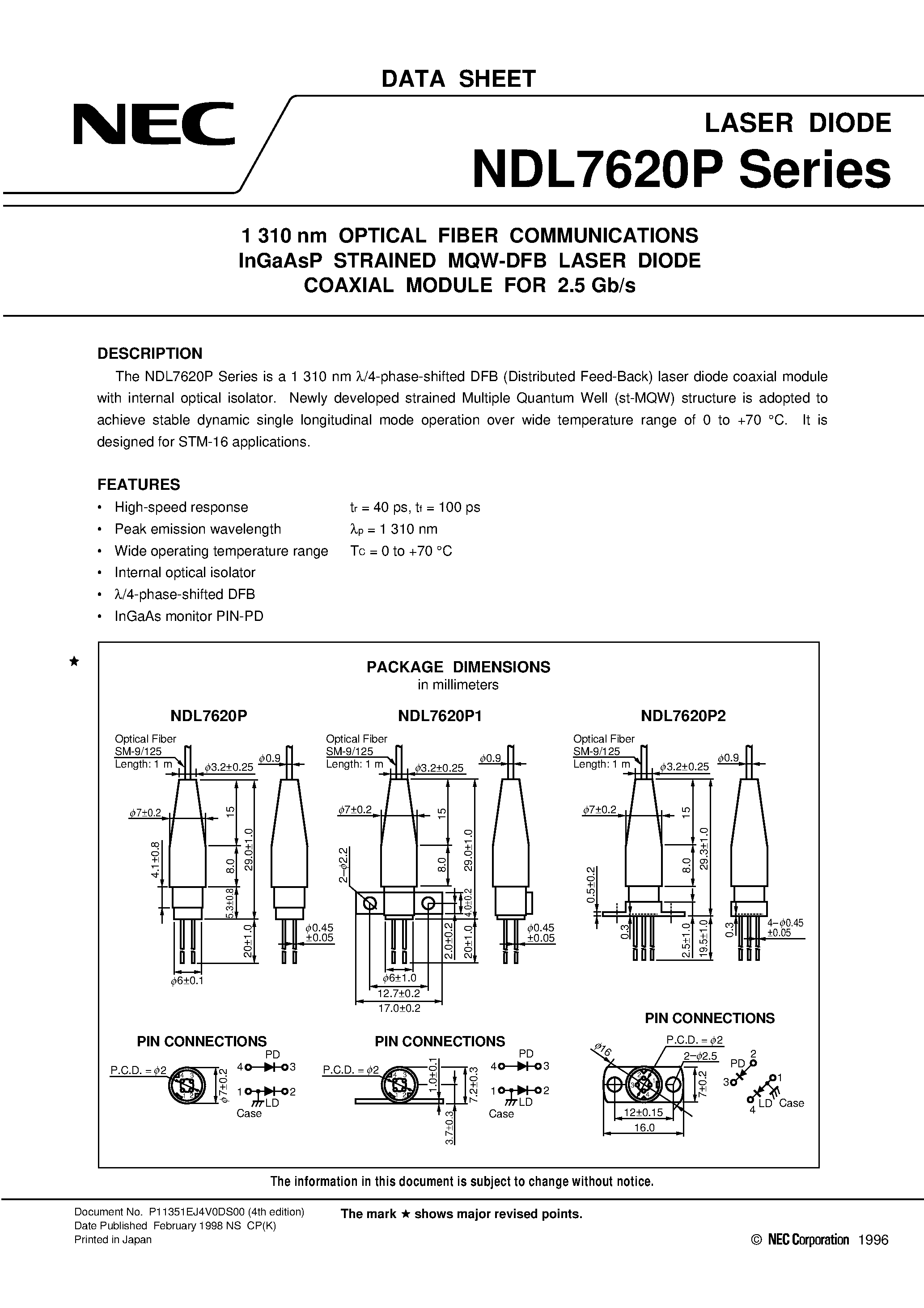 Даташит NDL7620P1 - 1 310 nm OPTICAL FIBER COMMUNICATIONS InGaAsP STRAINED MQW-DFB LASER DIODE COAXIAL MODULE FOR 2.5 Gb/s страница 1