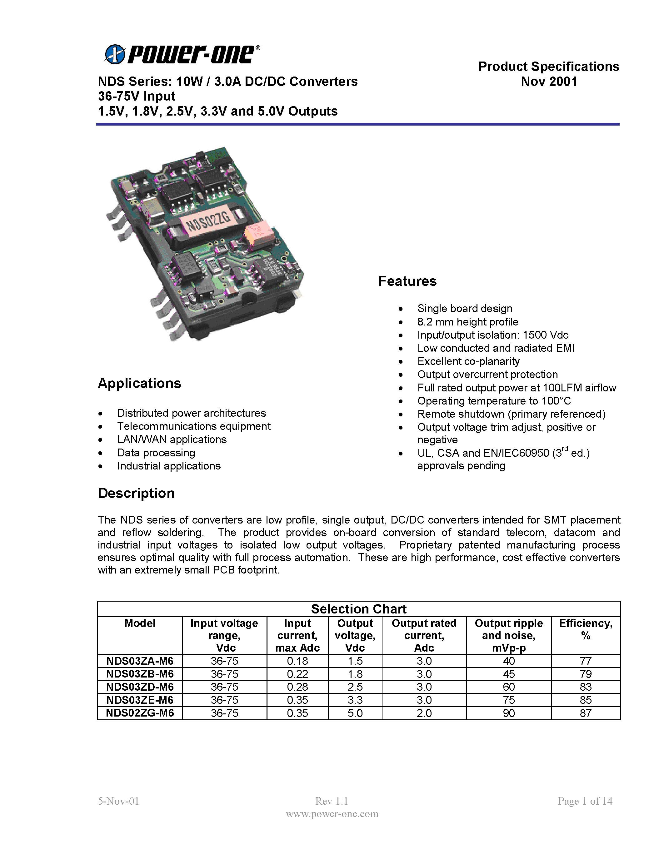 Даташит NDS02ZG-M6 - NDS Series: 10W / 3.0A DC/DC Converters 36-75V Input 1.5V / 1.8V / 2.5V / 3.3V and 5.0V Outputs страница 1