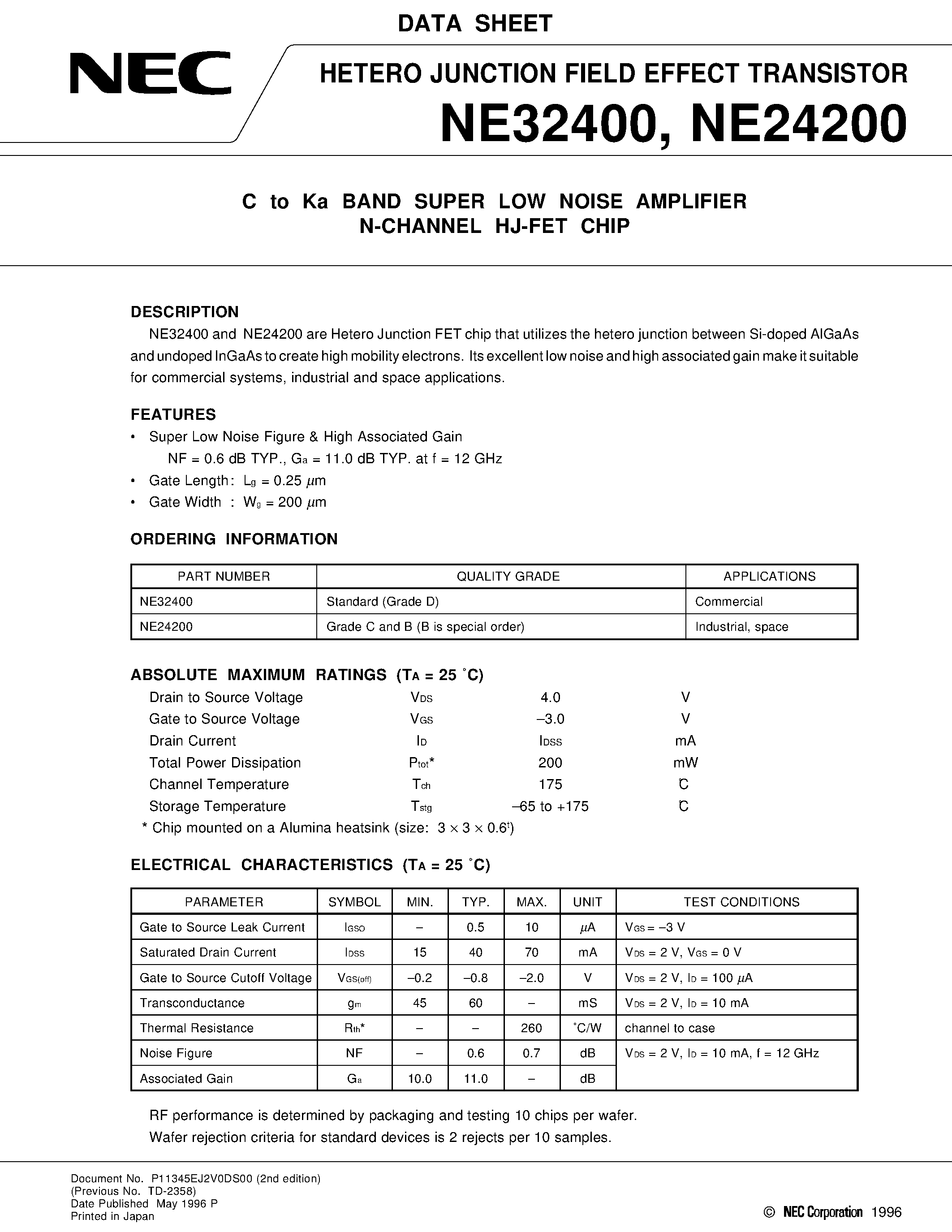 Datasheet NE24200 - C to Ka BAND SUPER LOW NOISE AMPLIFIER N-CHANNEL HJ-FET CHIP page 1