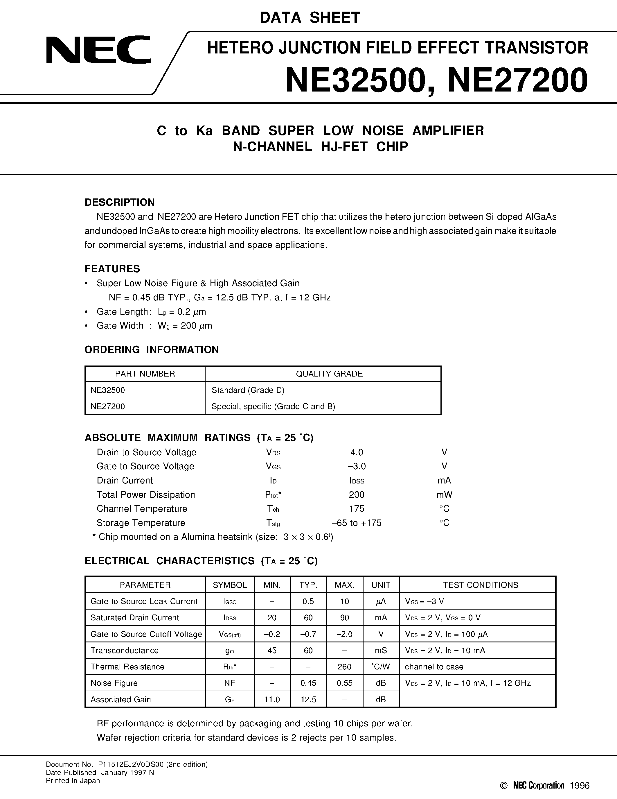 Datasheet NE27200 - C to Ka BAND SUPER LOW NOISE AMPLIFIER N-CHANNEL HJ-FET CHIP page 1