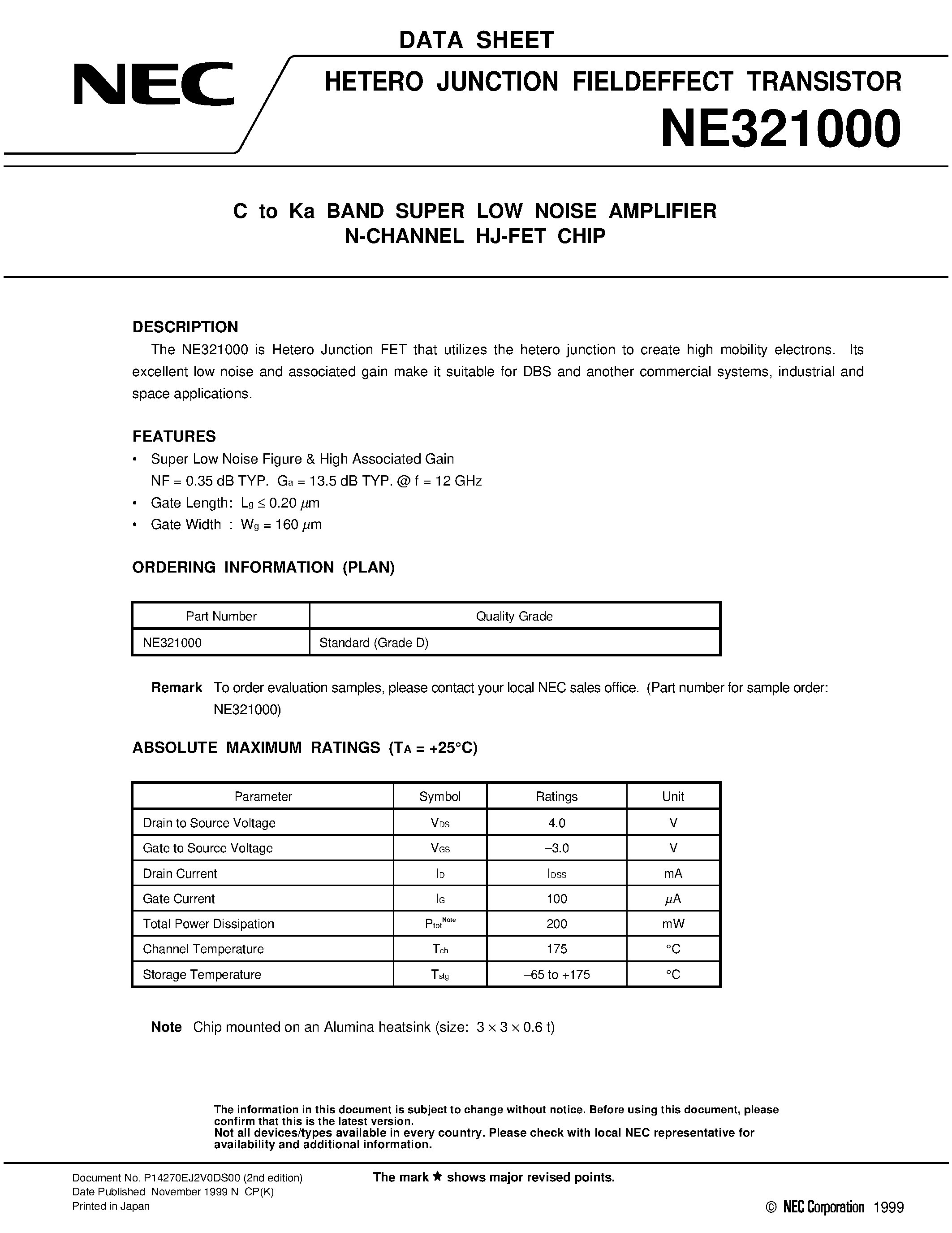 Datasheet NE321000 - C to Ka BAND SUPER LOW NOISE AMPLIFIER N-CHANNEL HJ-FET CHIP page 1