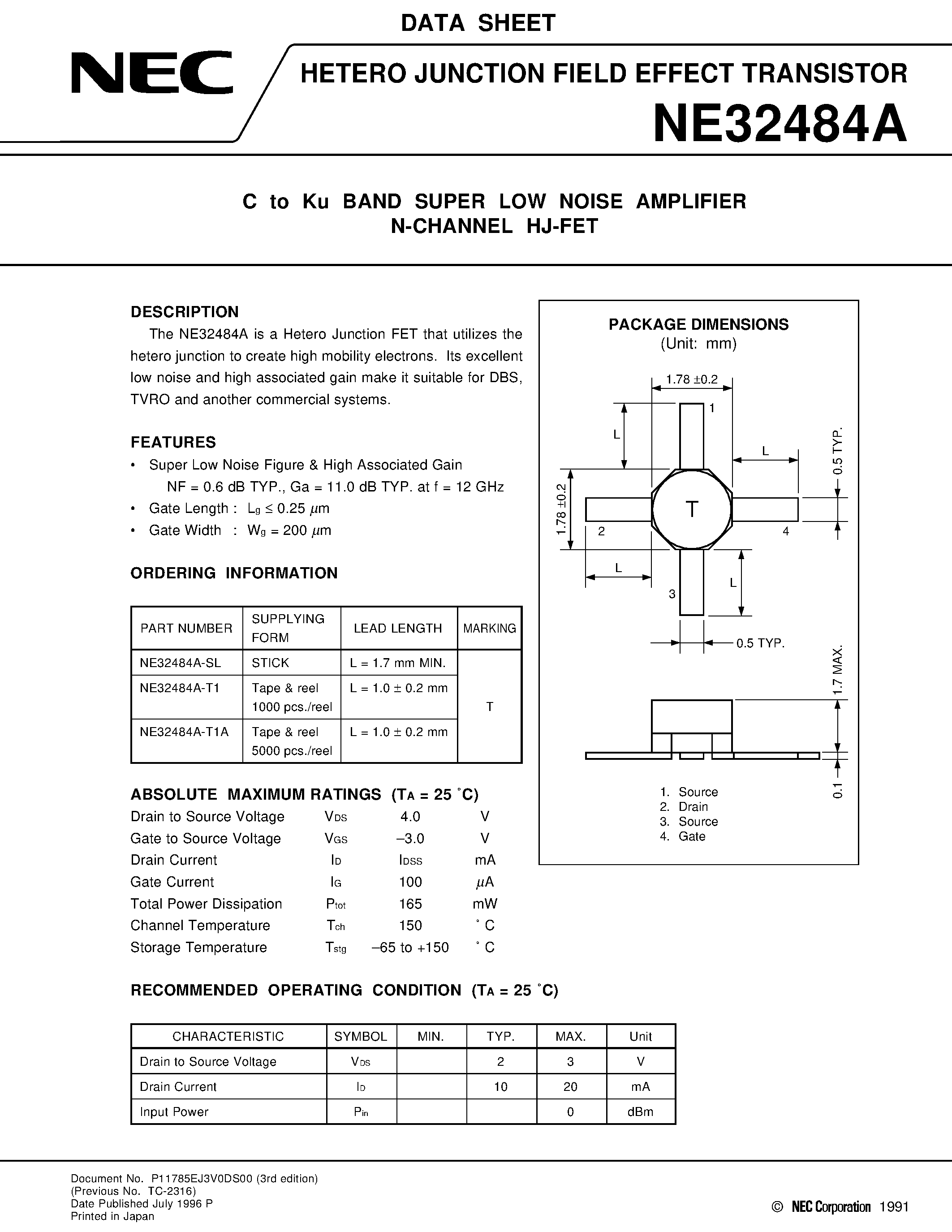 Datasheet NE32484A - C to Ku BAND SUPER LOW NOISE AMPLIFIER N-CHANNEL HJ-FET page 1