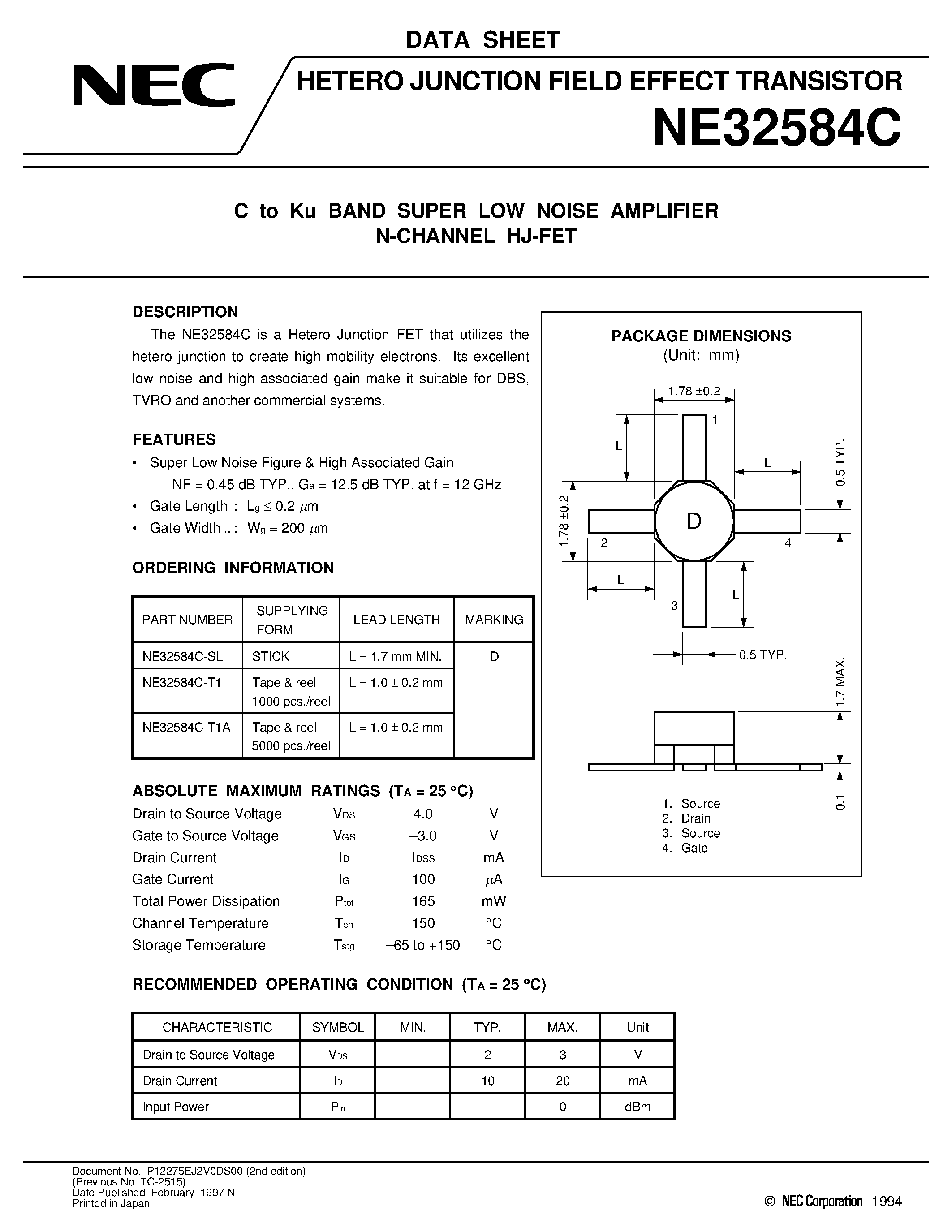 Datasheet NE32584 - C to Ku BAND SUPER LOW NOISE AMPLIFIER N-CHANNEL HJ-FET page 1