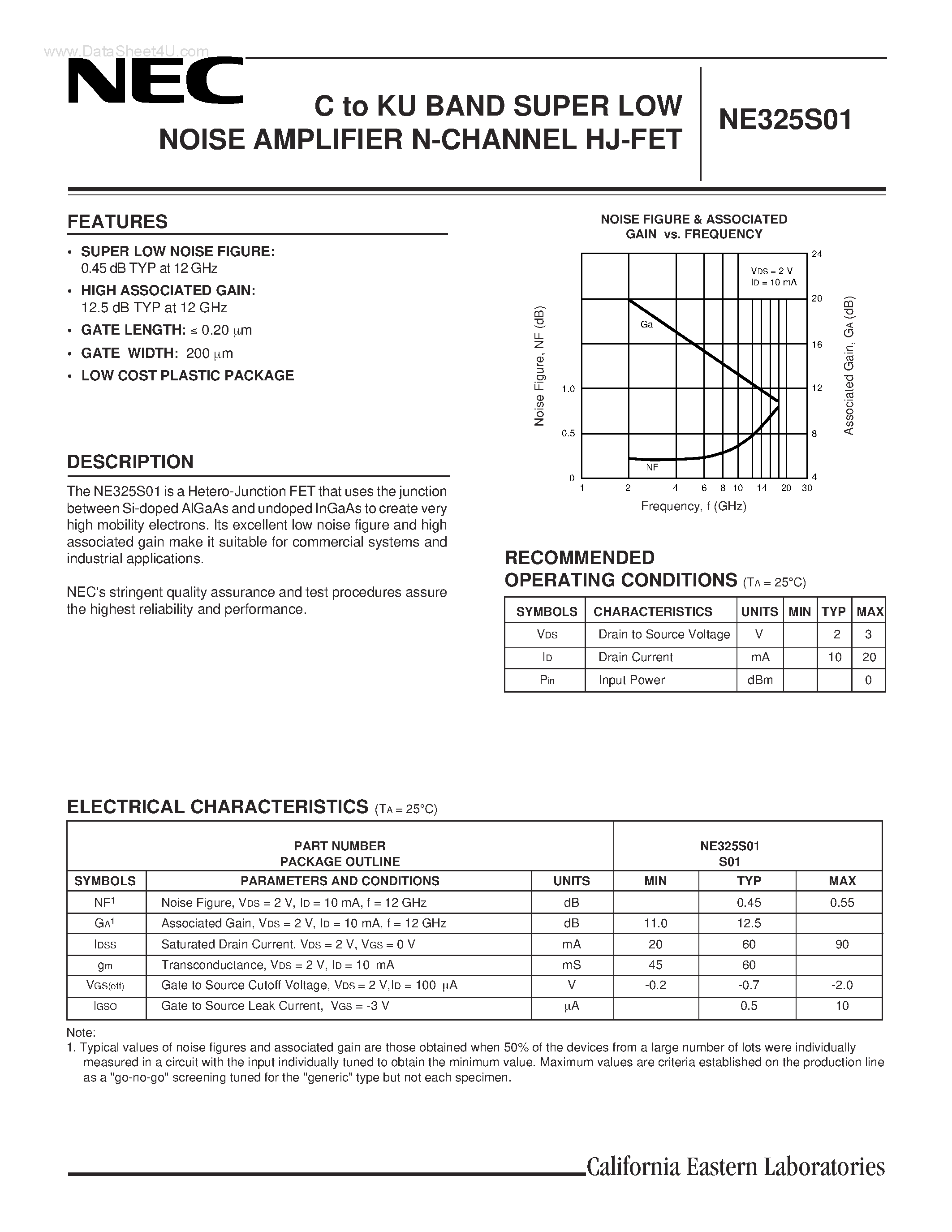 Datasheet NE325S01 - C to Ku BAND SUPER LOW NOISE AMPLIFIER N-CHANNEL HJ-FET page 1