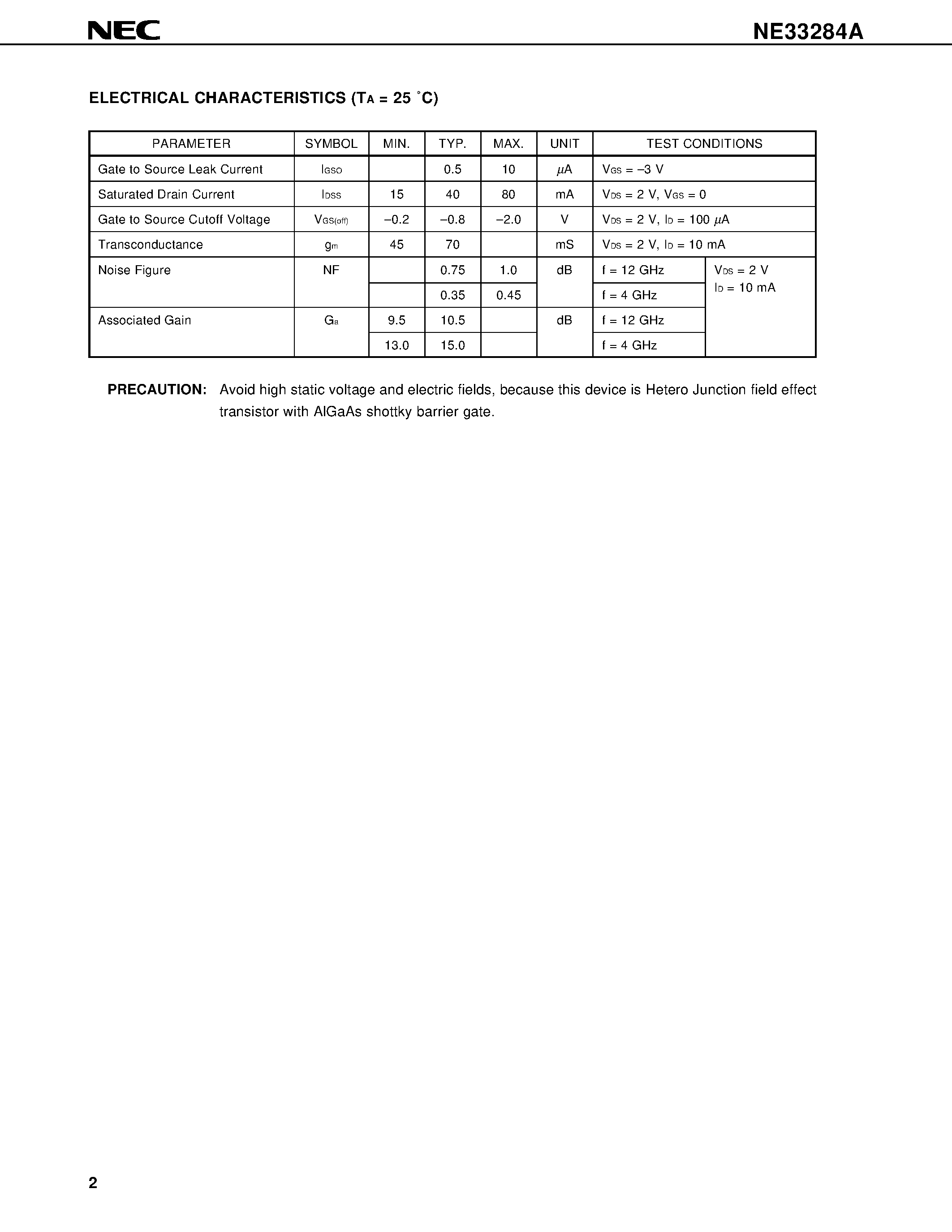 Datasheet NE33284A - L to X BAND SUPER LOW NOISE AMPLIFIER N-CHANNEL HJ-FET page 2