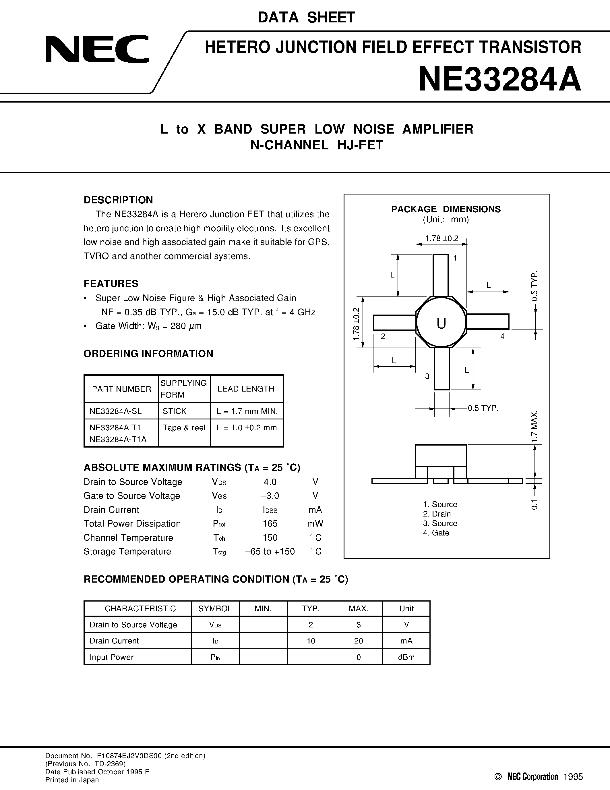 Datasheet NE33284A-SL - L to X BAND SUPER LOW NOISE AMPLIFIER N-CHANNEL HJ-FET page 1