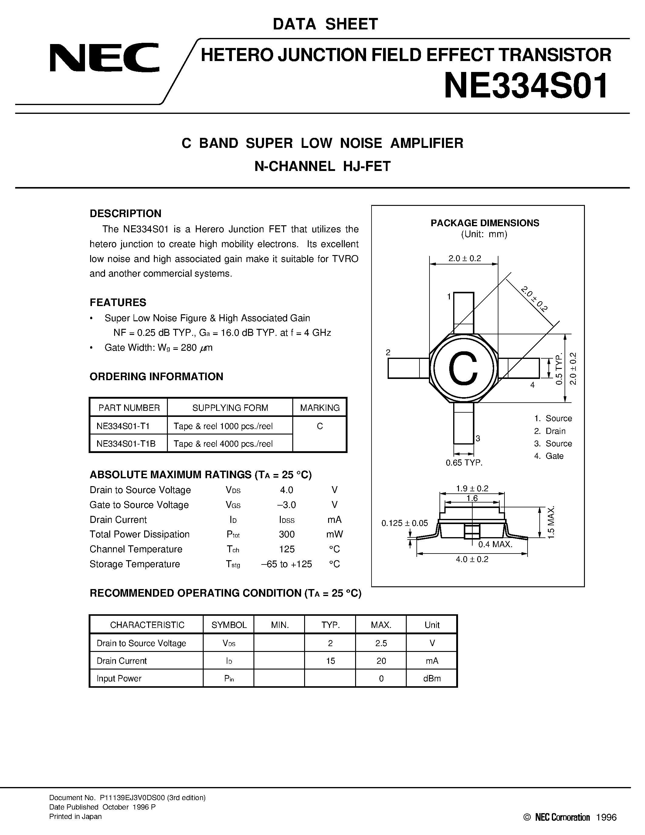 Datasheet NE334S01 - C BAND SUPER LOW NOISE AMPLIFIER N-CHANNEL HJ-FET page 1