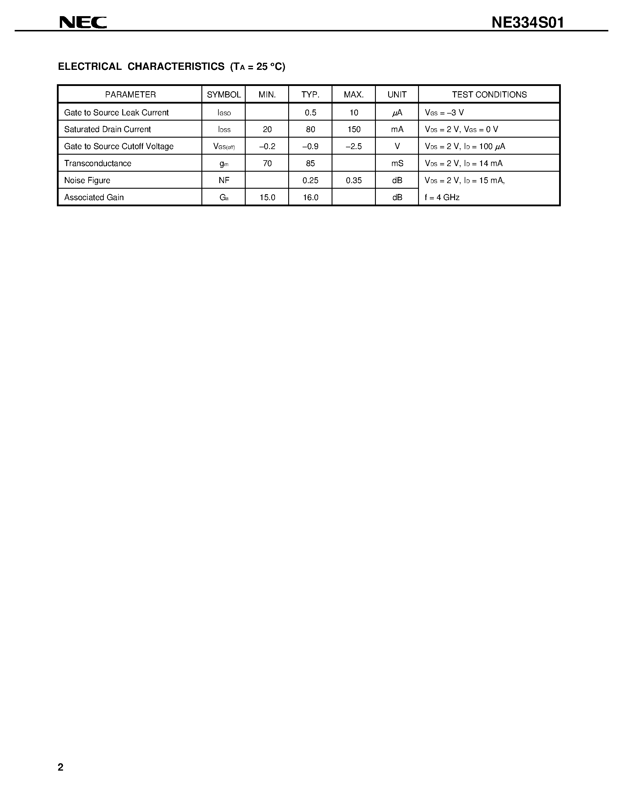 Datasheet NE334S01 - C BAND SUPER LOW NOISE AMPLIFIER N-CHANNEL HJ-FET page 2