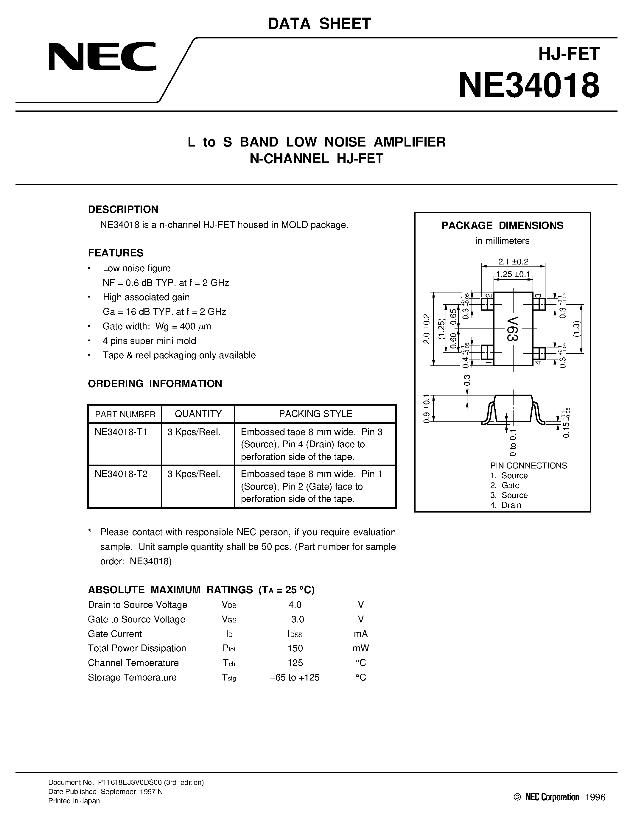 Datasheet NE34018-T2 - L to S BAND LOW NOISE AMPLIFIER N-CHANNEL HJ-FET page 1