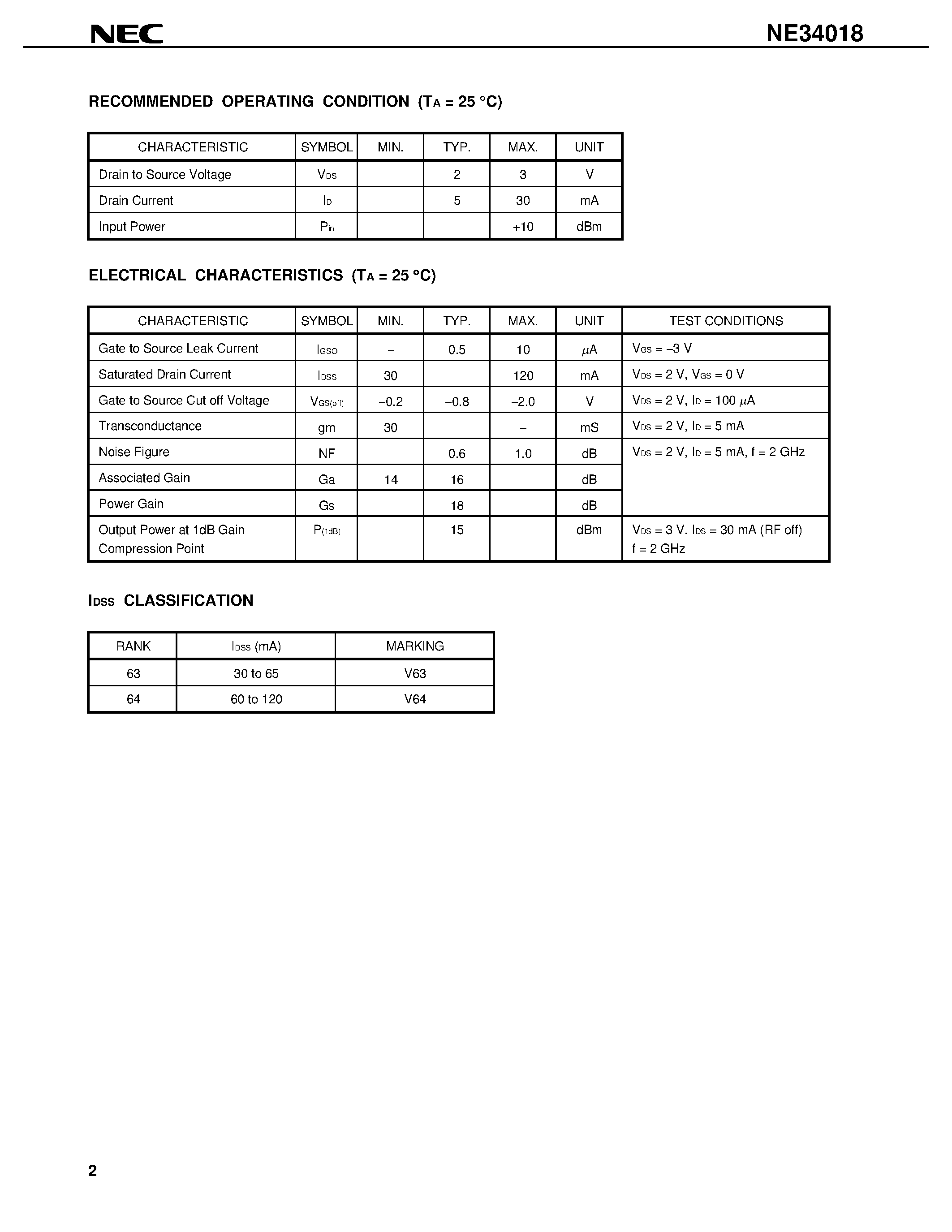 Datasheet NE34018-T2 - L to S BAND LOW NOISE AMPLIFIER N-CHANNEL HJ-FET page 2