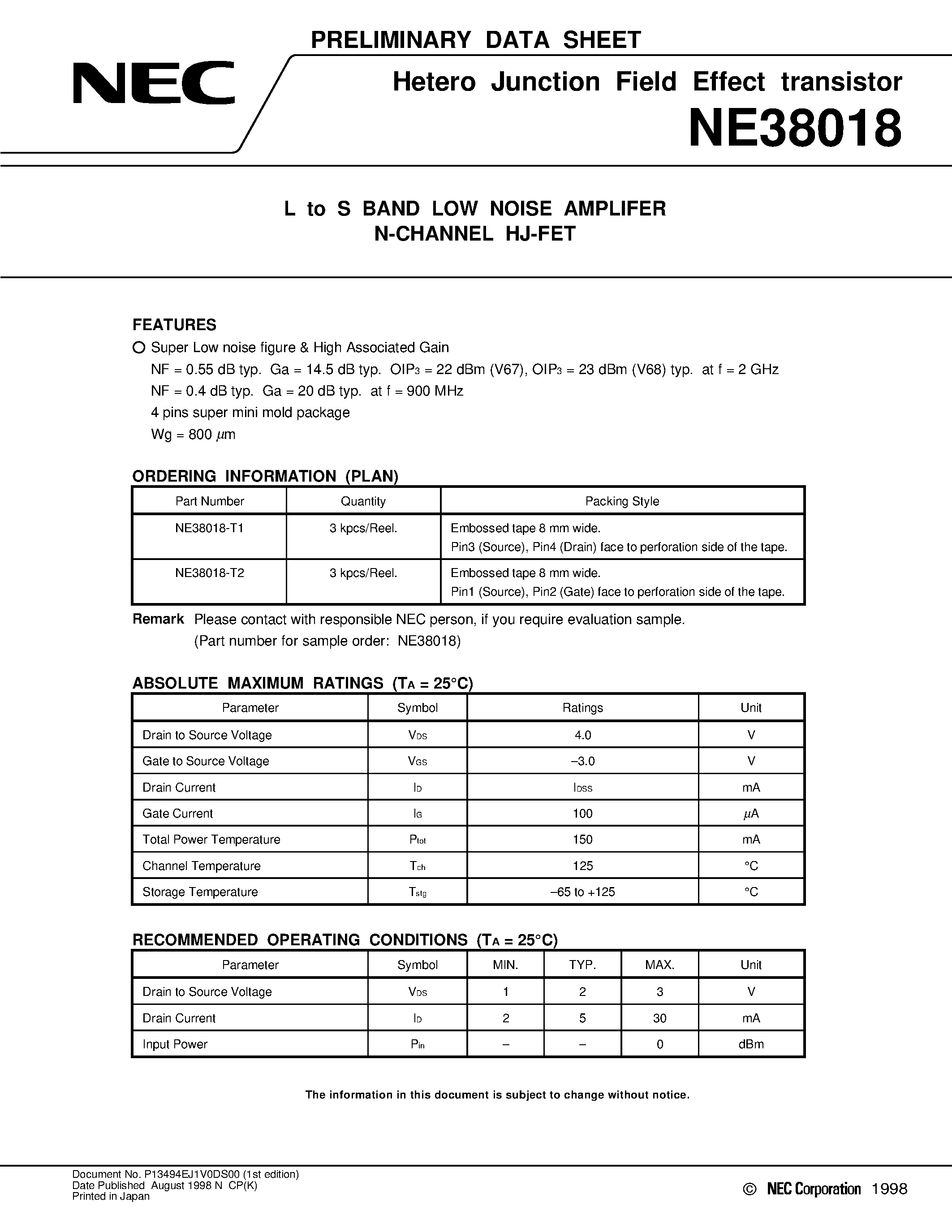 Datasheet NE38018-T1 - L to S BAND LOW NOISE AMPLIFER N-CHANNEL HJ-FET page 1