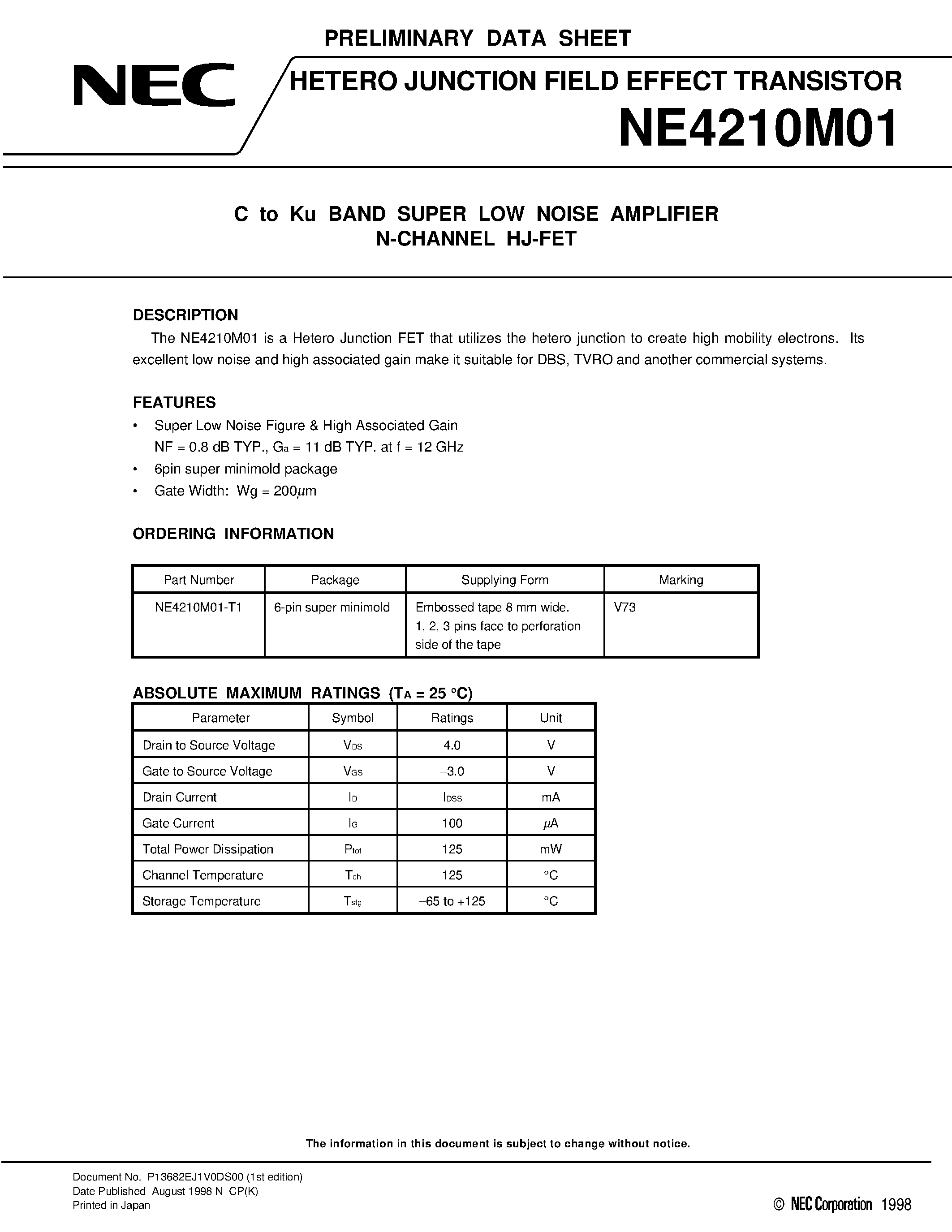 Datasheet NE4210M01 - C to Ku BAND SUPER LOW NOISE AMPLIFIER N-CHANNEL HJ-FET page 1