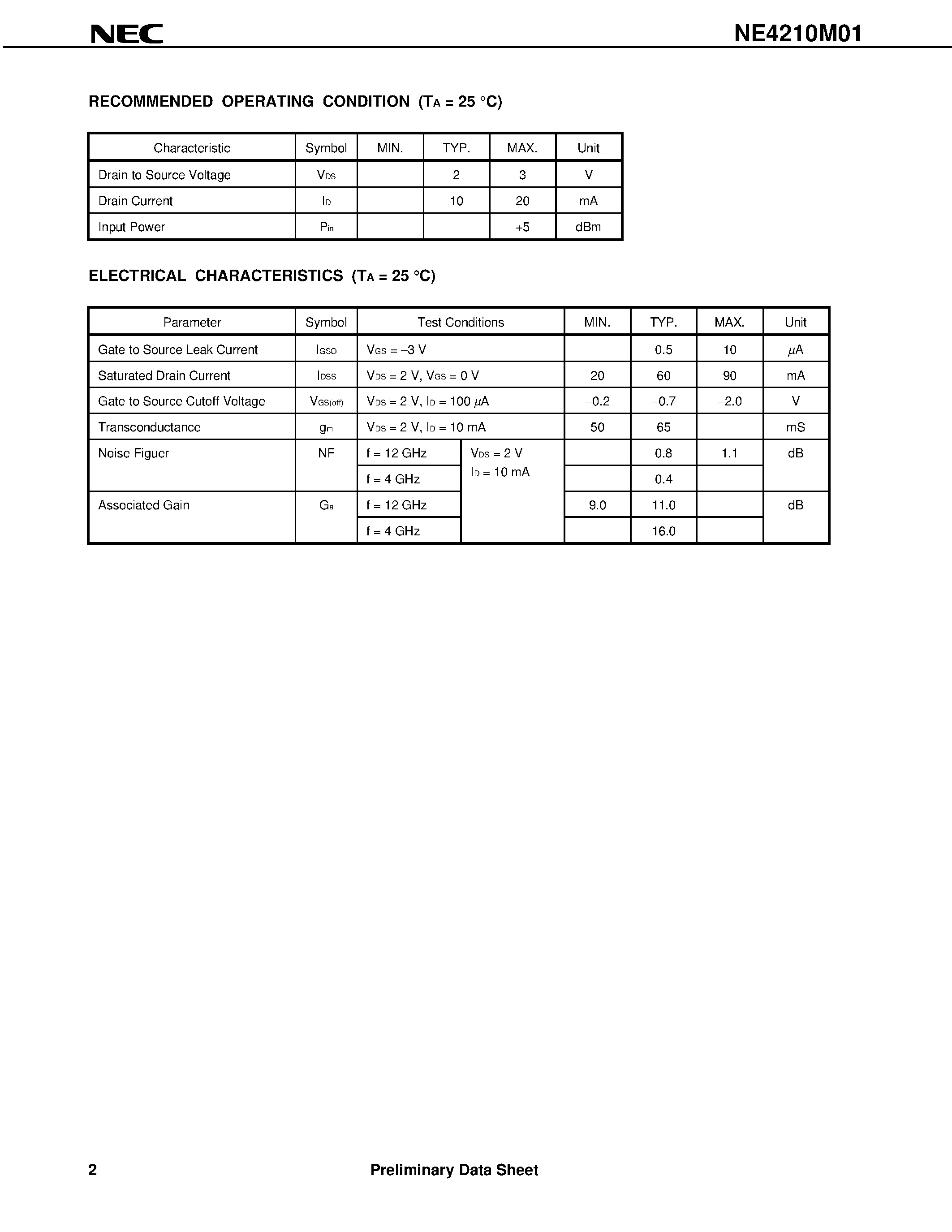 Datasheet NE4210M01 - C to Ku BAND SUPER LOW NOISE AMPLIFIER N-CHANNEL HJ-FET page 2