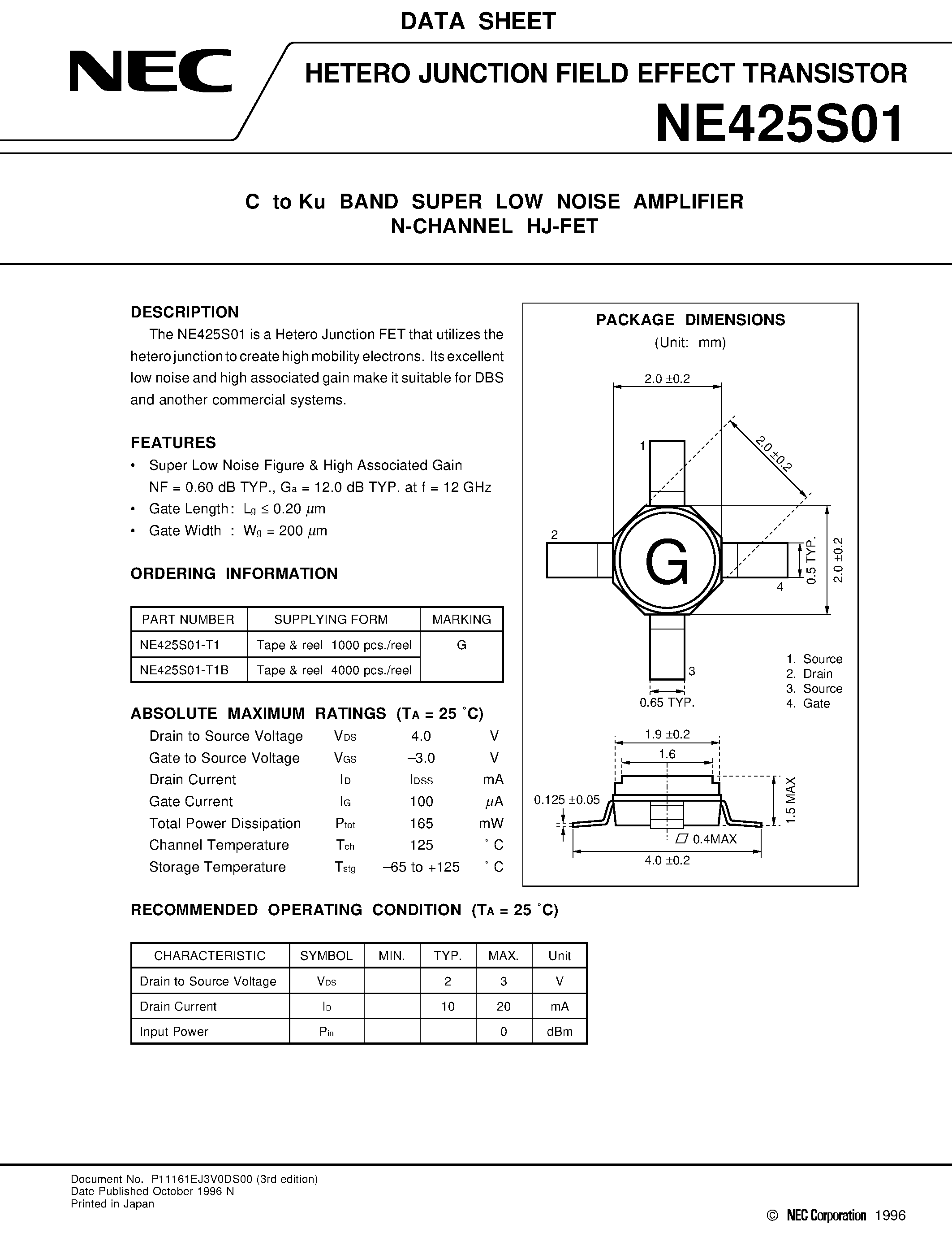 Datasheet NE425S01 - C to Ku BAND SUPER LOW NOISE AMPLIFIER N-CHANNEL HJ-FET page 1