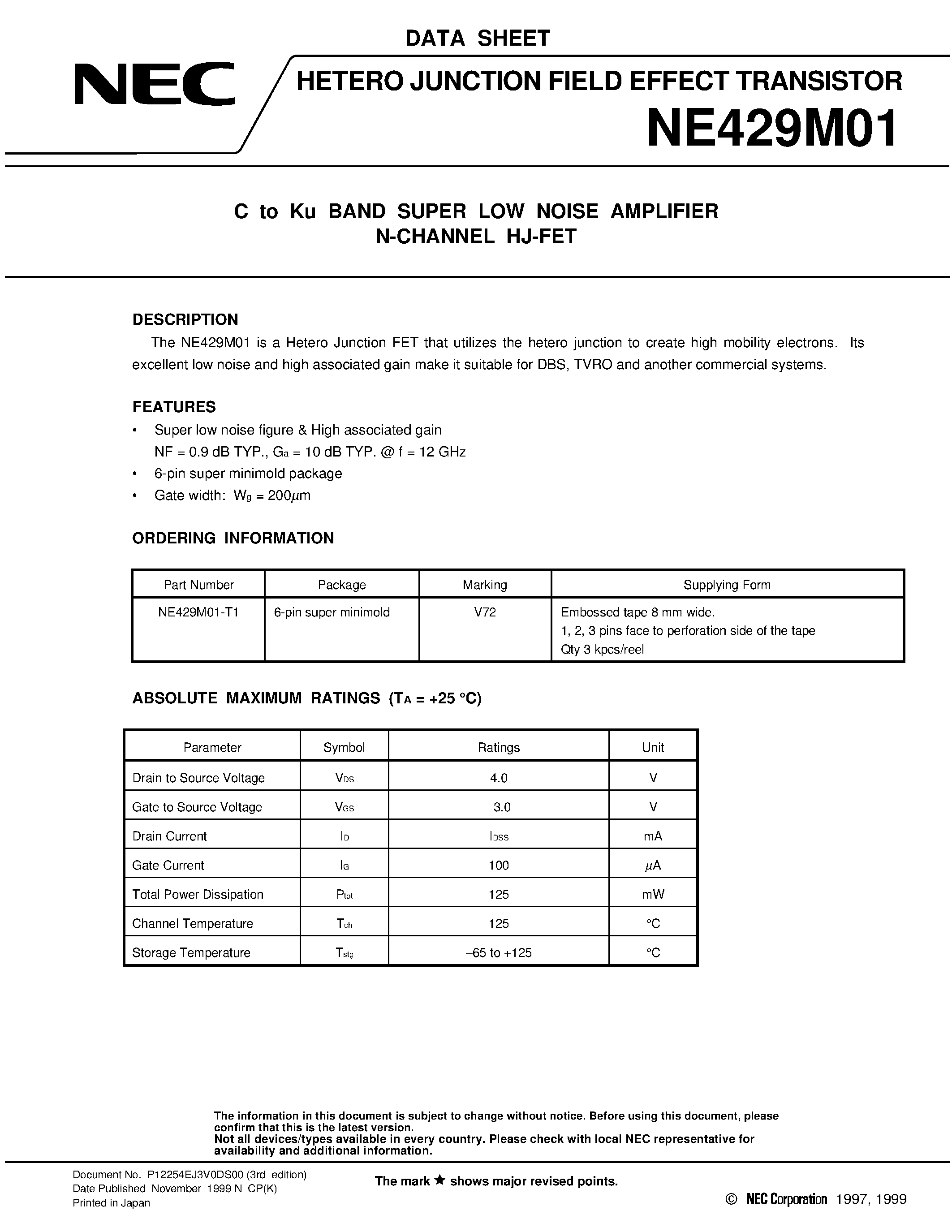 Datasheet NE429M01 - C to Ku BAND SUPER LOW NOISE AMPLIFIER N-CHANNEL HJ-FET page 1