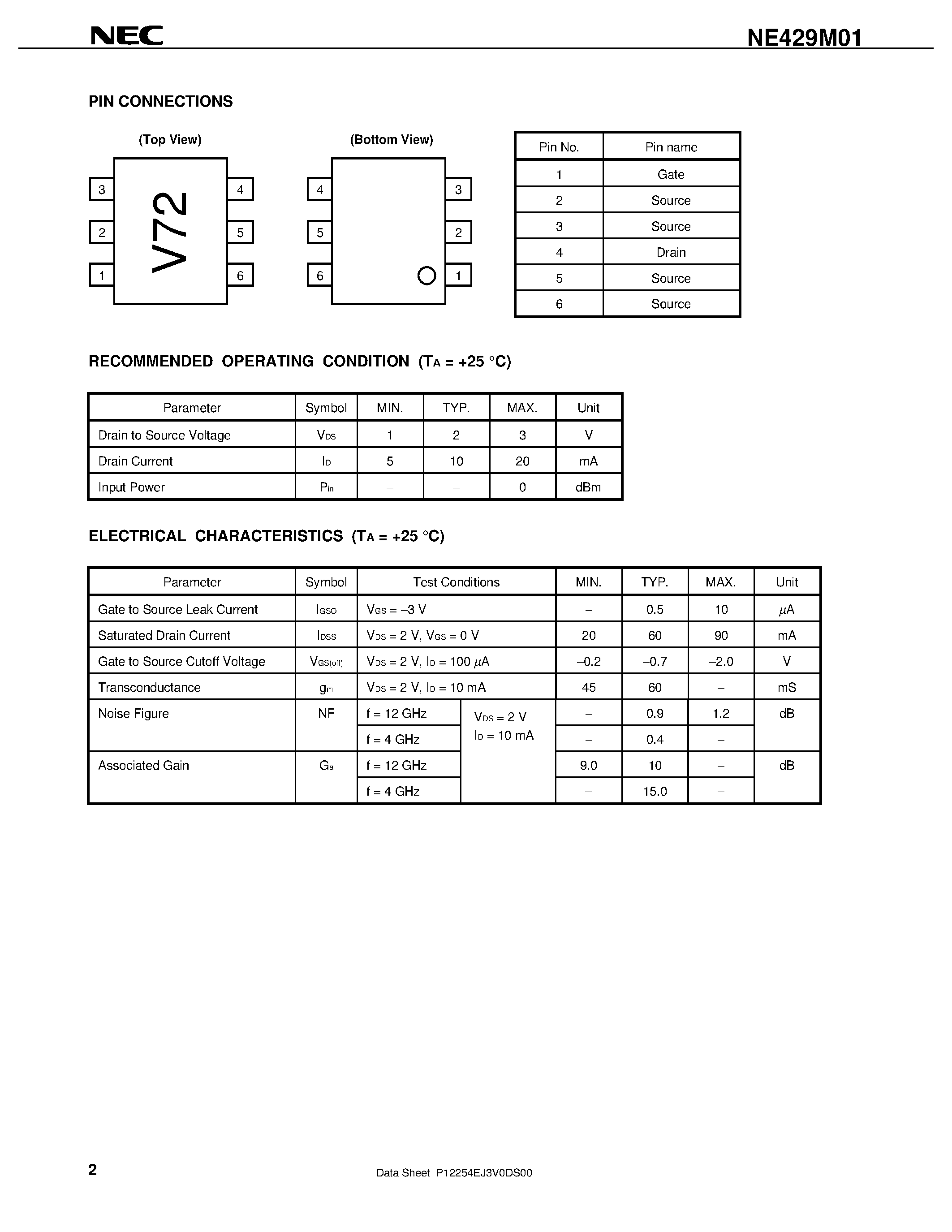 Datasheet NE429M01 - C to Ku BAND SUPER LOW NOISE AMPLIFIER N-CHANNEL HJ-FET page 2