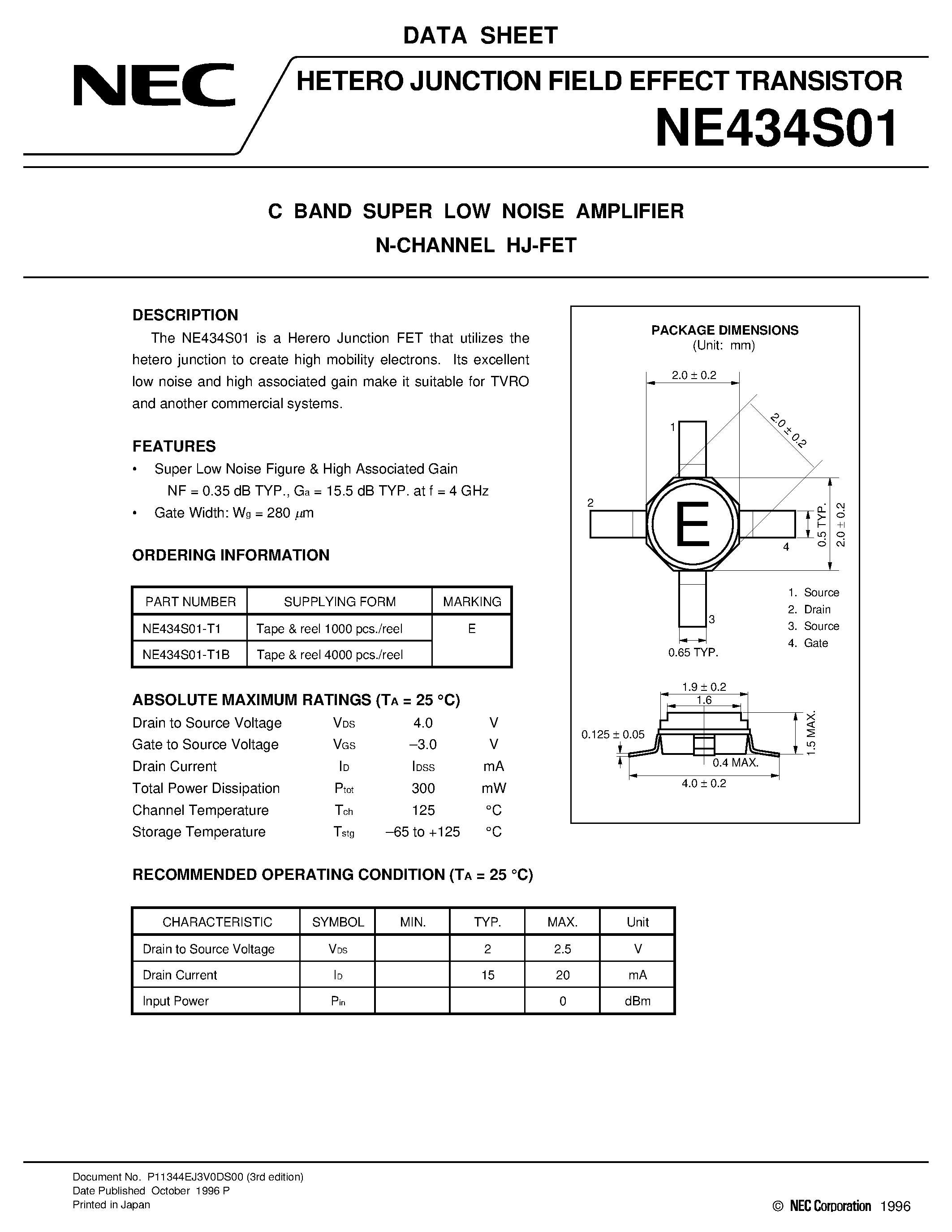 Datasheet NE434S01 - C BAND SUPER LOW NOISE AMPLIFIER N-CHANNEL HJ-FET page 1