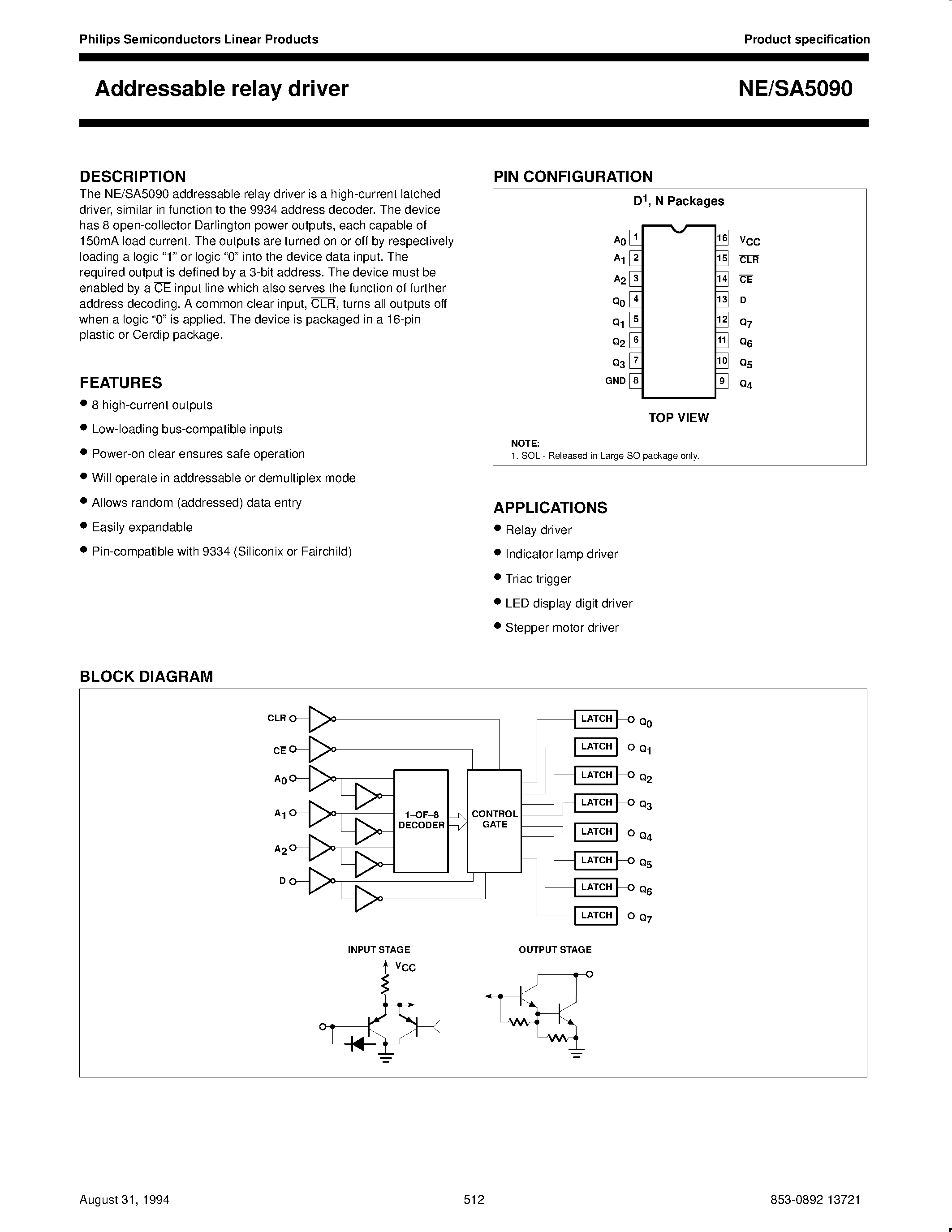 Даташит NE5090 - Addressable relay driver страница 1