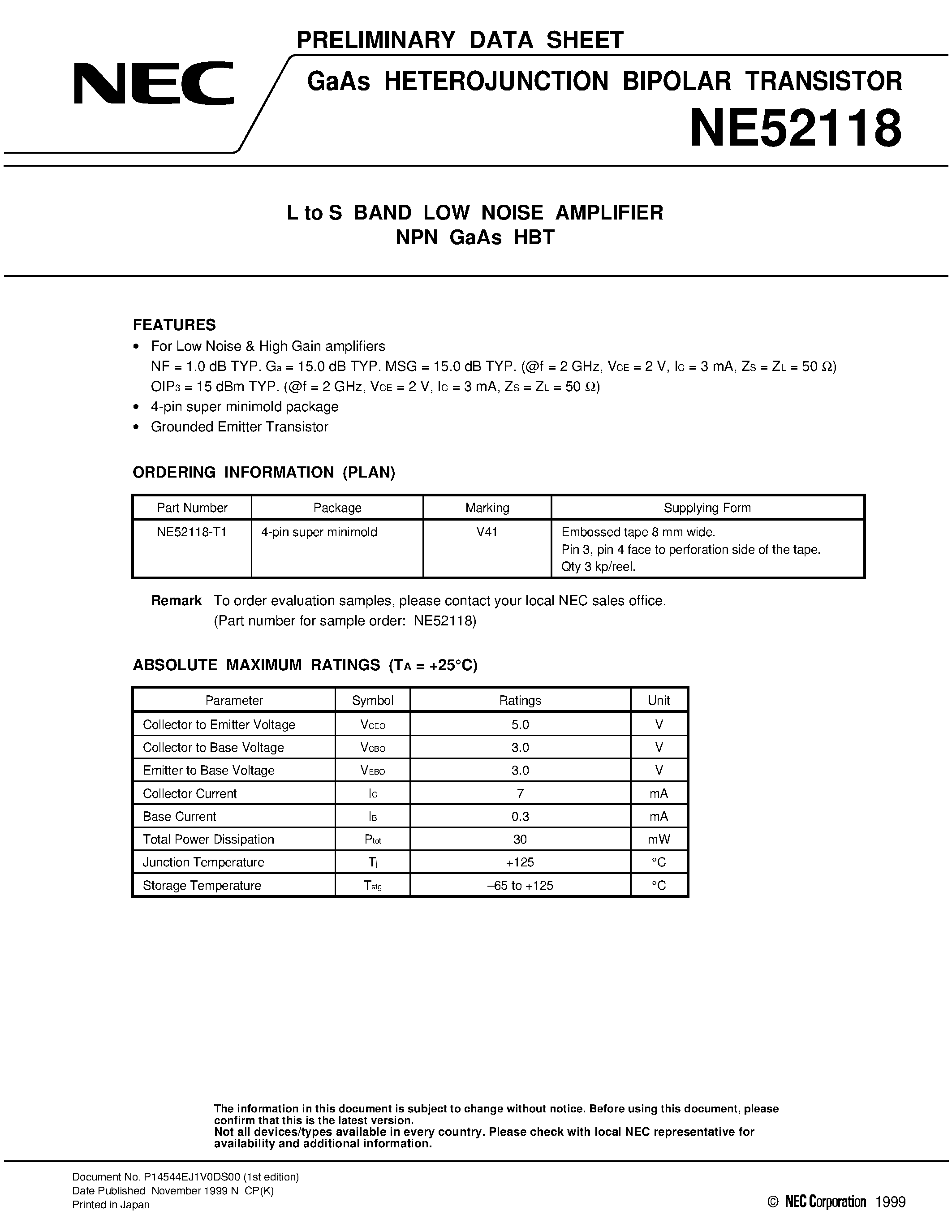 Datasheet NE52118 - L to S BAND LOW NOISE AMPLIFIER NPN GaAs HBT page 1