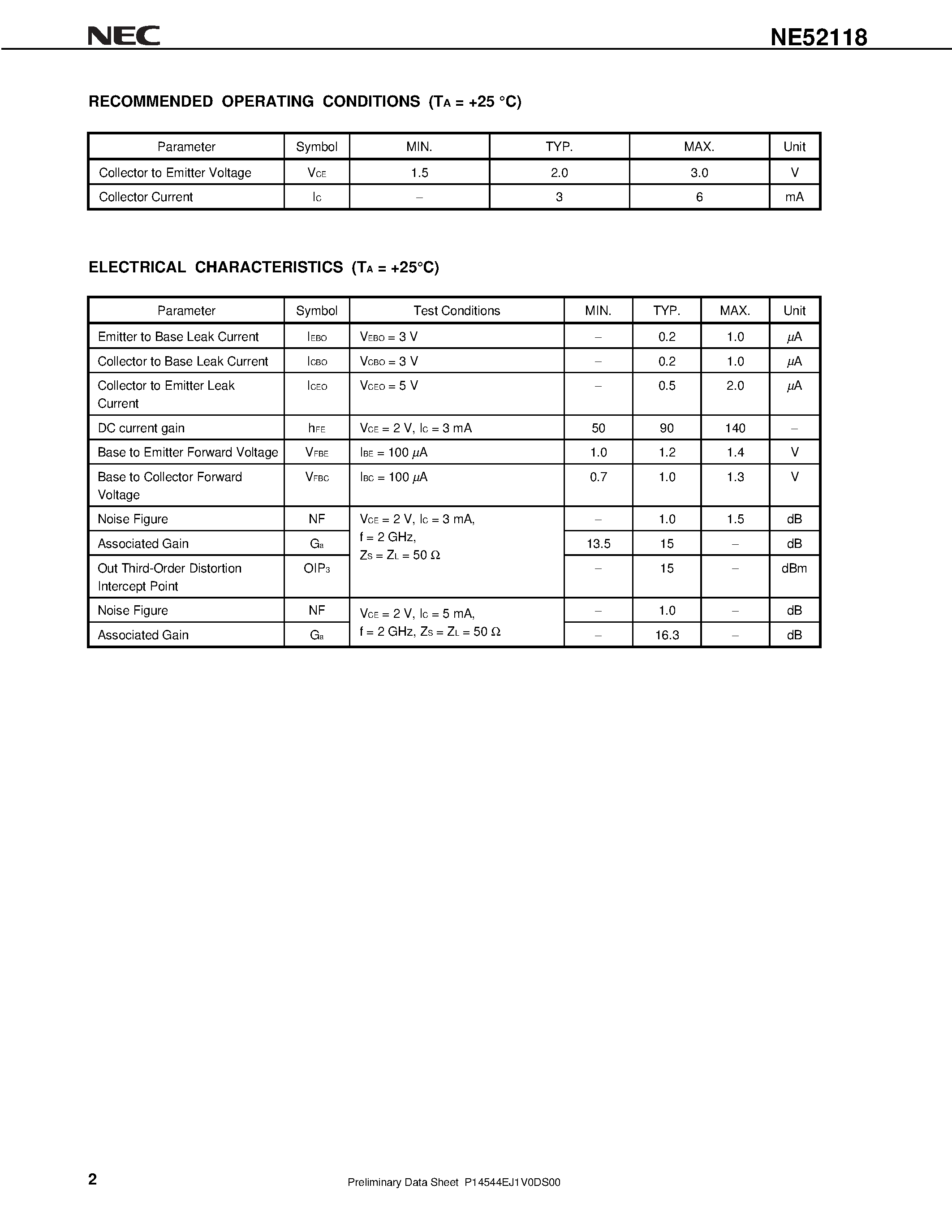 Datasheet NE52118 - L to S BAND LOW NOISE AMPLIFIER NPN GaAs HBT page 2