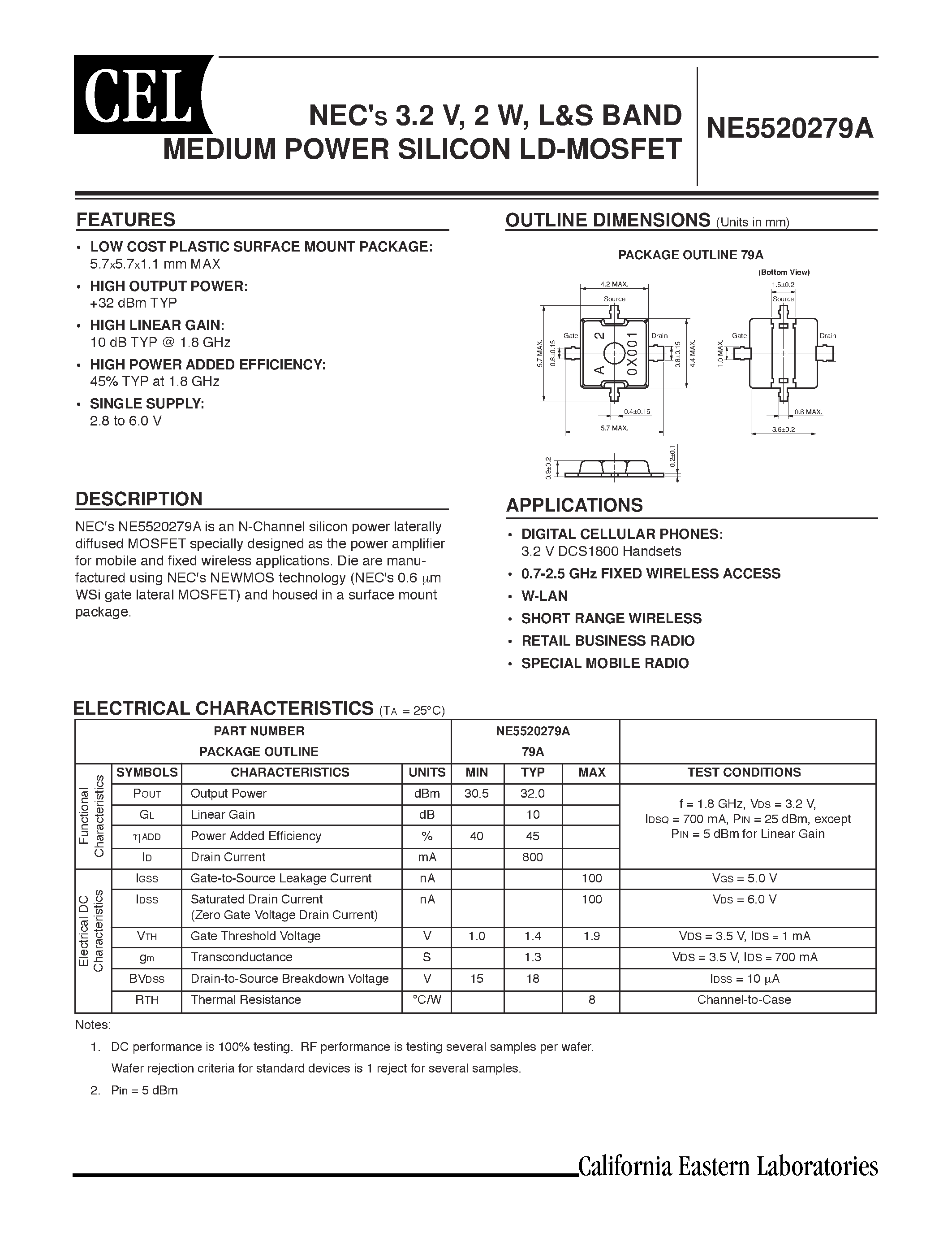 Datasheet NE5520279A - NECS 3.2 V / 2 W / L&S BAND MEDIUM POWER SILICON LD-MOSFET page 1