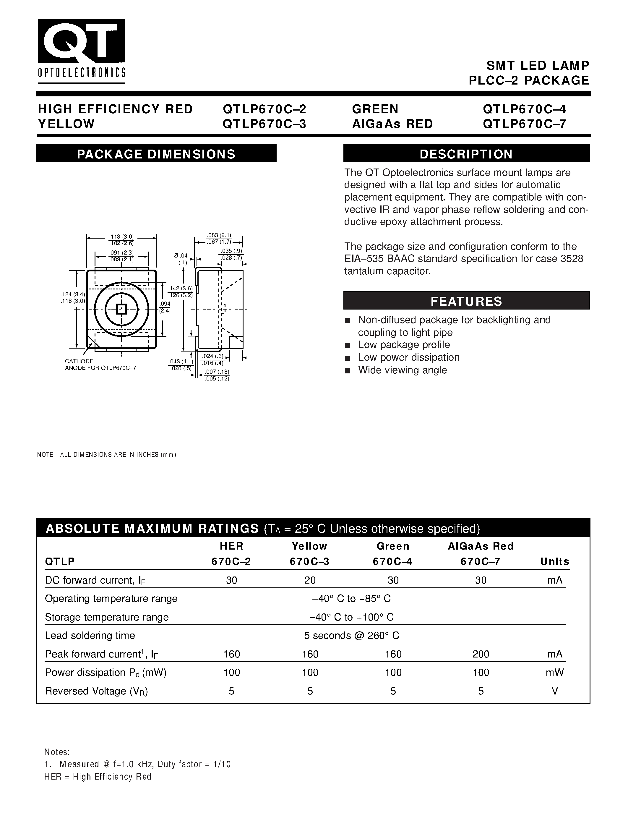 Даташит PLCC-x - SMT LED LAMP PLCC-2 PACKAGE страница 1