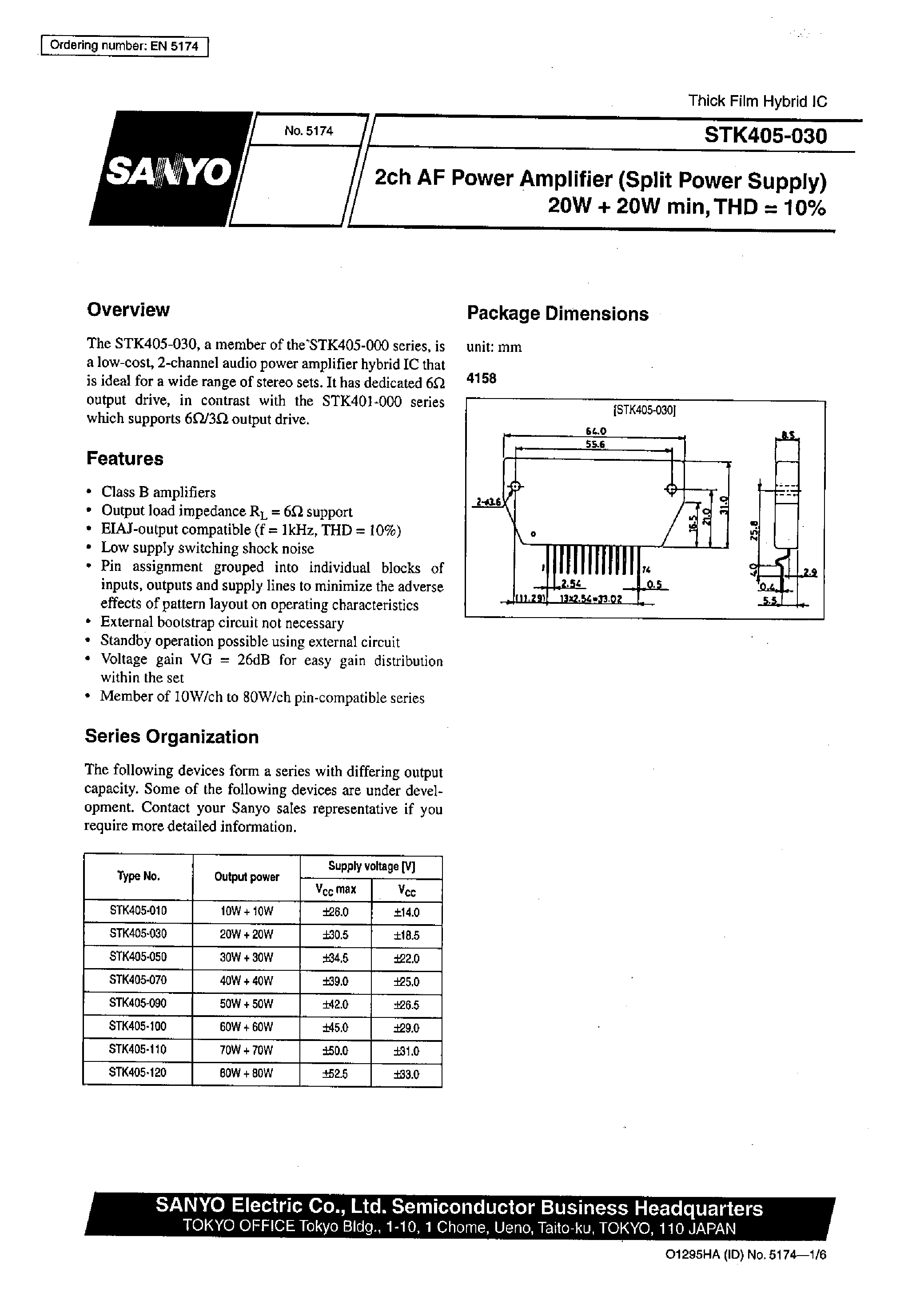 Datasheet STK405-010 - 2ch AF Power Amplifier (Split Power Supply) 20W + 20 W min / THD =10% page 1