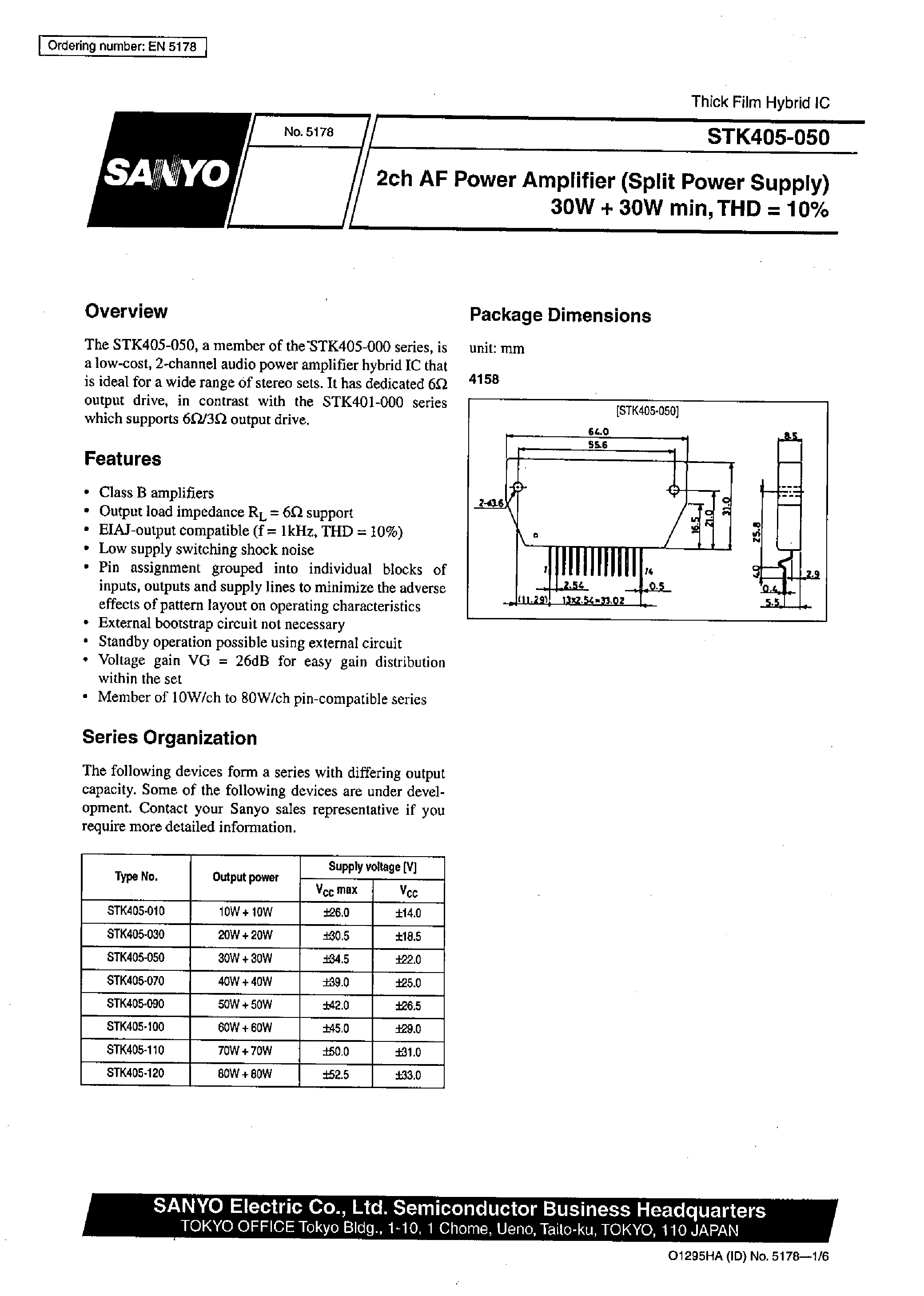 Datasheet STK405-050 - 2ch AF Power Amplifier (Split Power Supply) 20W + 20 W min / THD =10% page 1