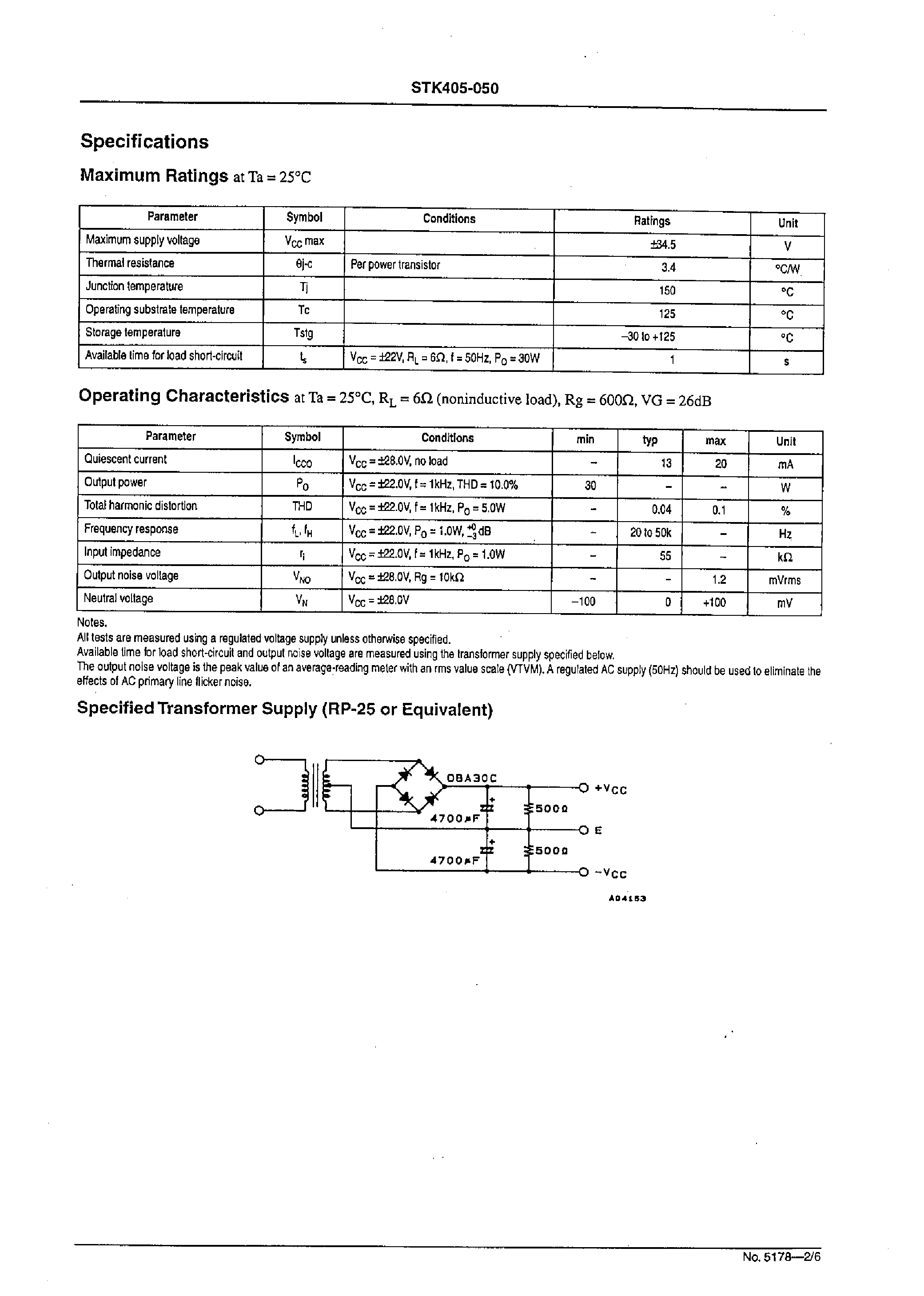 Datasheet STK405-050 - 2ch AF Power Amplifier (Split Power Supply) 20W + 20 W min / THD =10% page 2