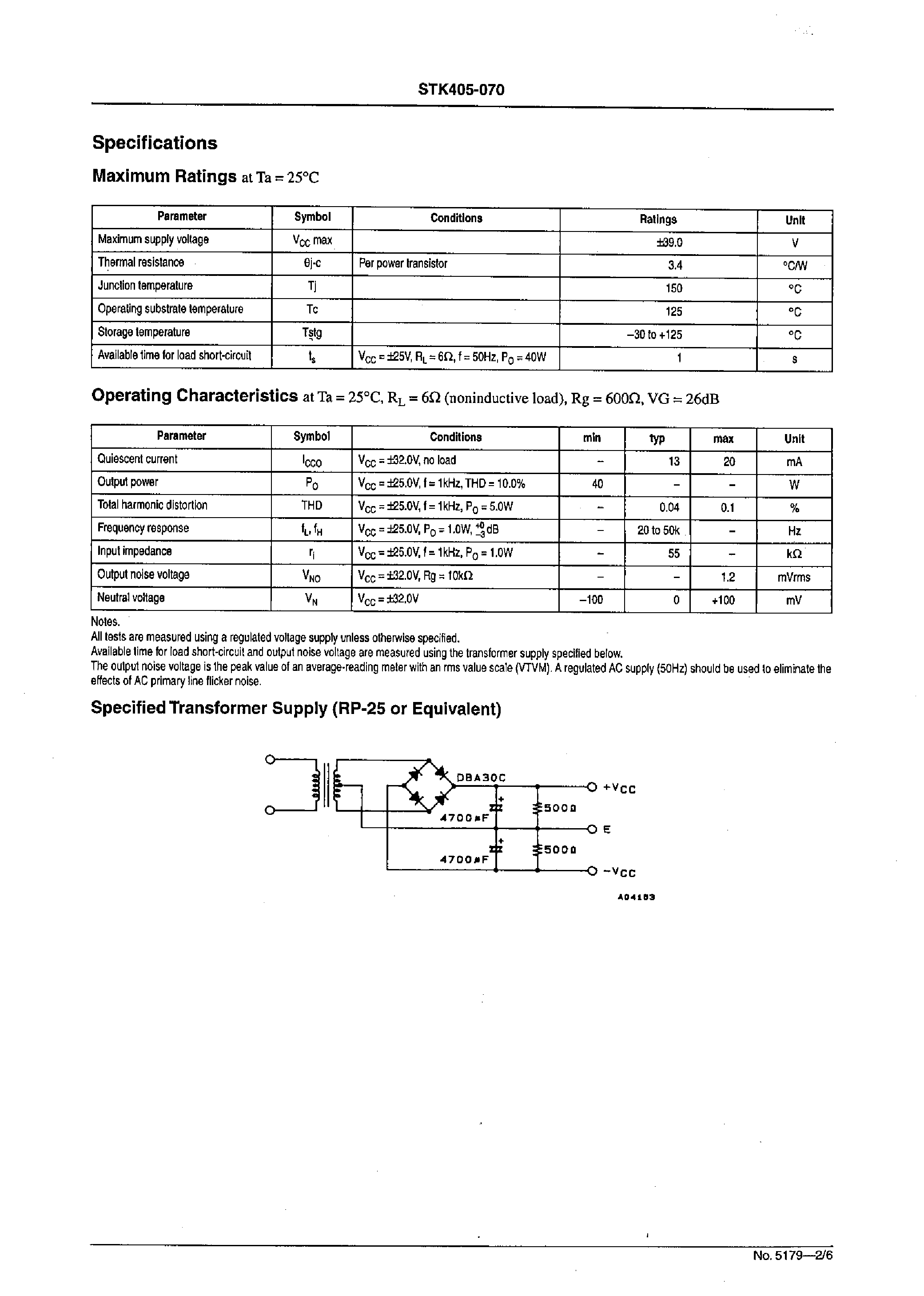 Datasheet STK405-070 - 2ch AF Power Amplifier (Split Power Supply) 40W + 40 W min / THD =10% page 2