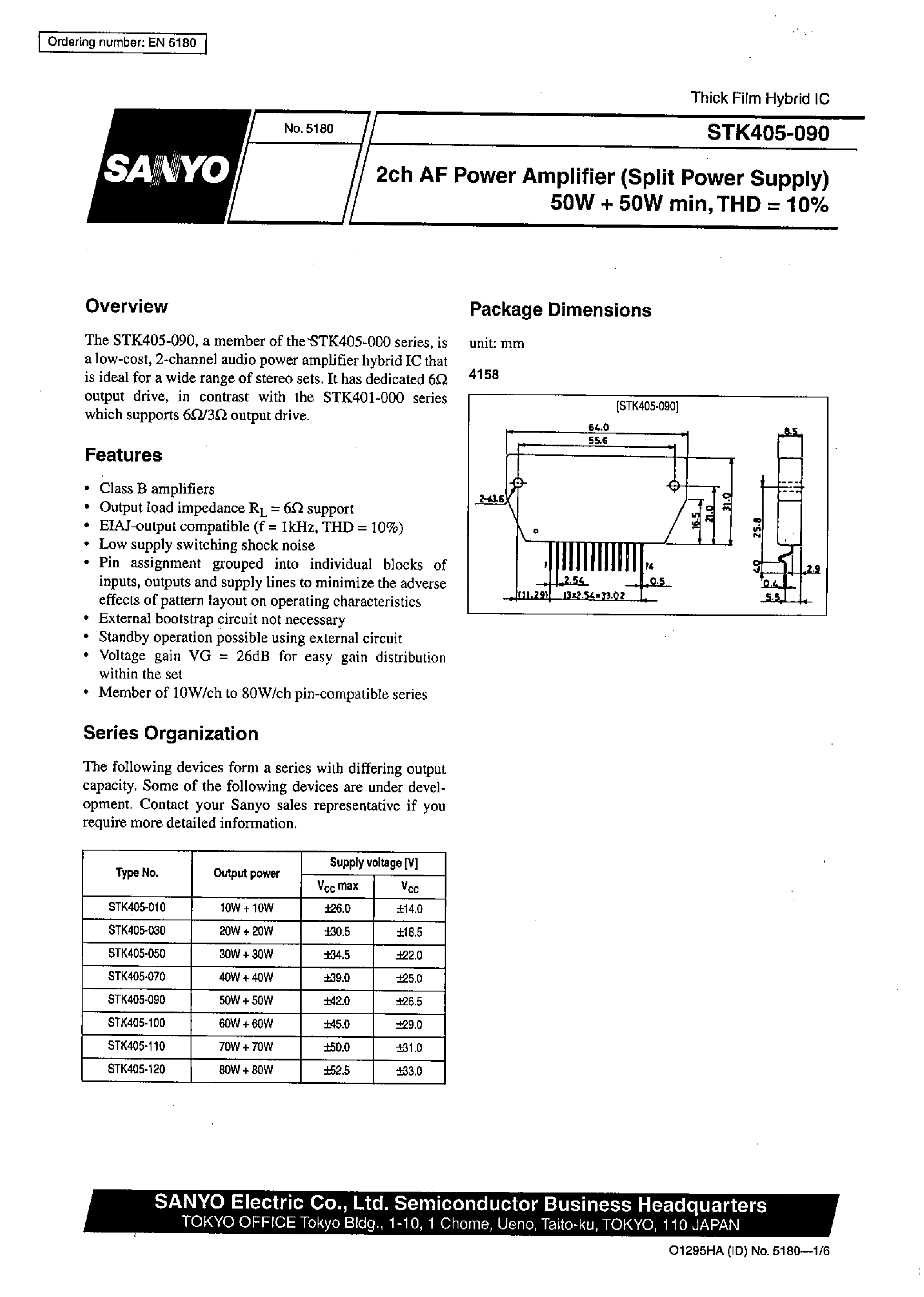 Datasheet STK405-090 - 2ch AF Power Amplifier (Split Power Supply) 50W + 50 W min / THD =10% page 1