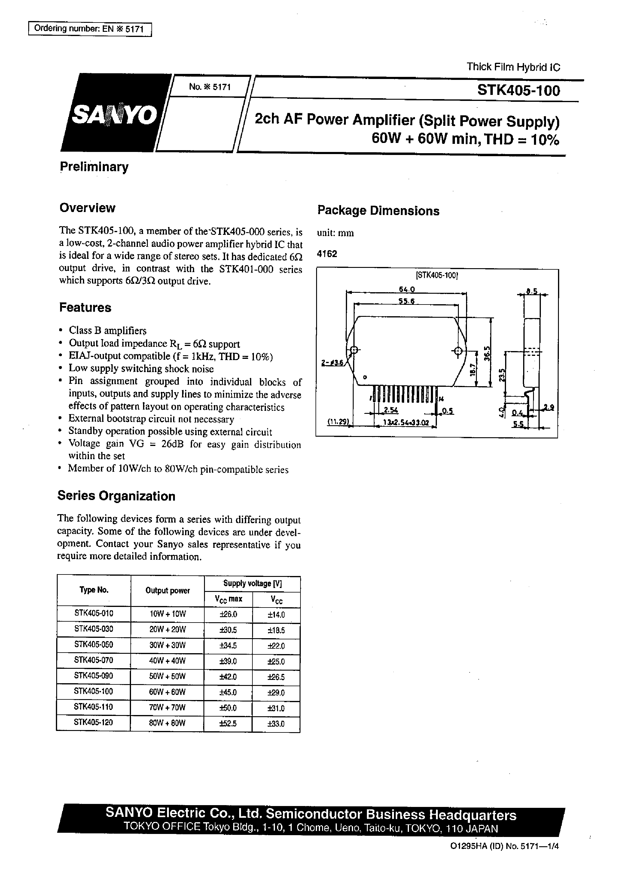 Datasheet STK405-100 - 2ch AF Power Amplifier (Split Power Supply) 70W + 70 W min / THD =10% page 1