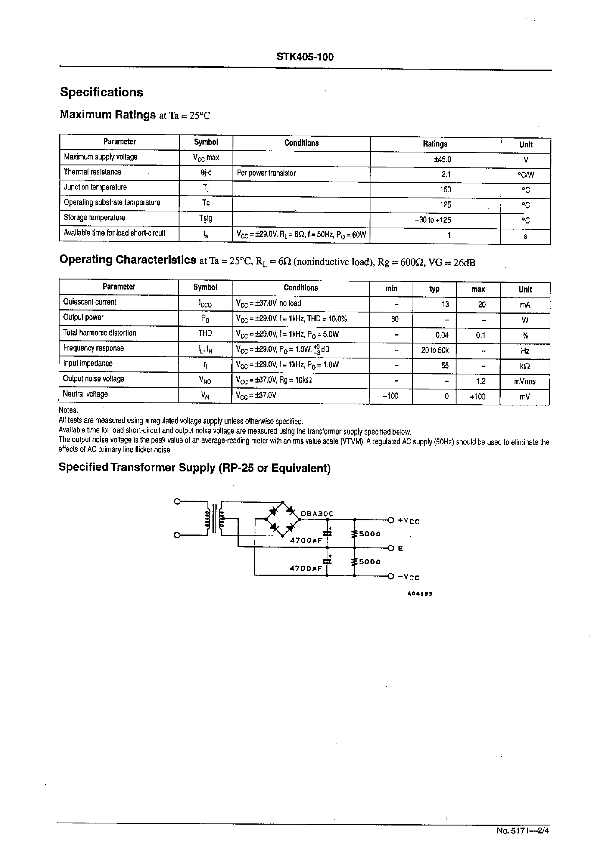 Datasheet STK405-100 - 2ch AF Power Amplifier (Split Power Supply) 70W + 70 W min / THD =10% page 2