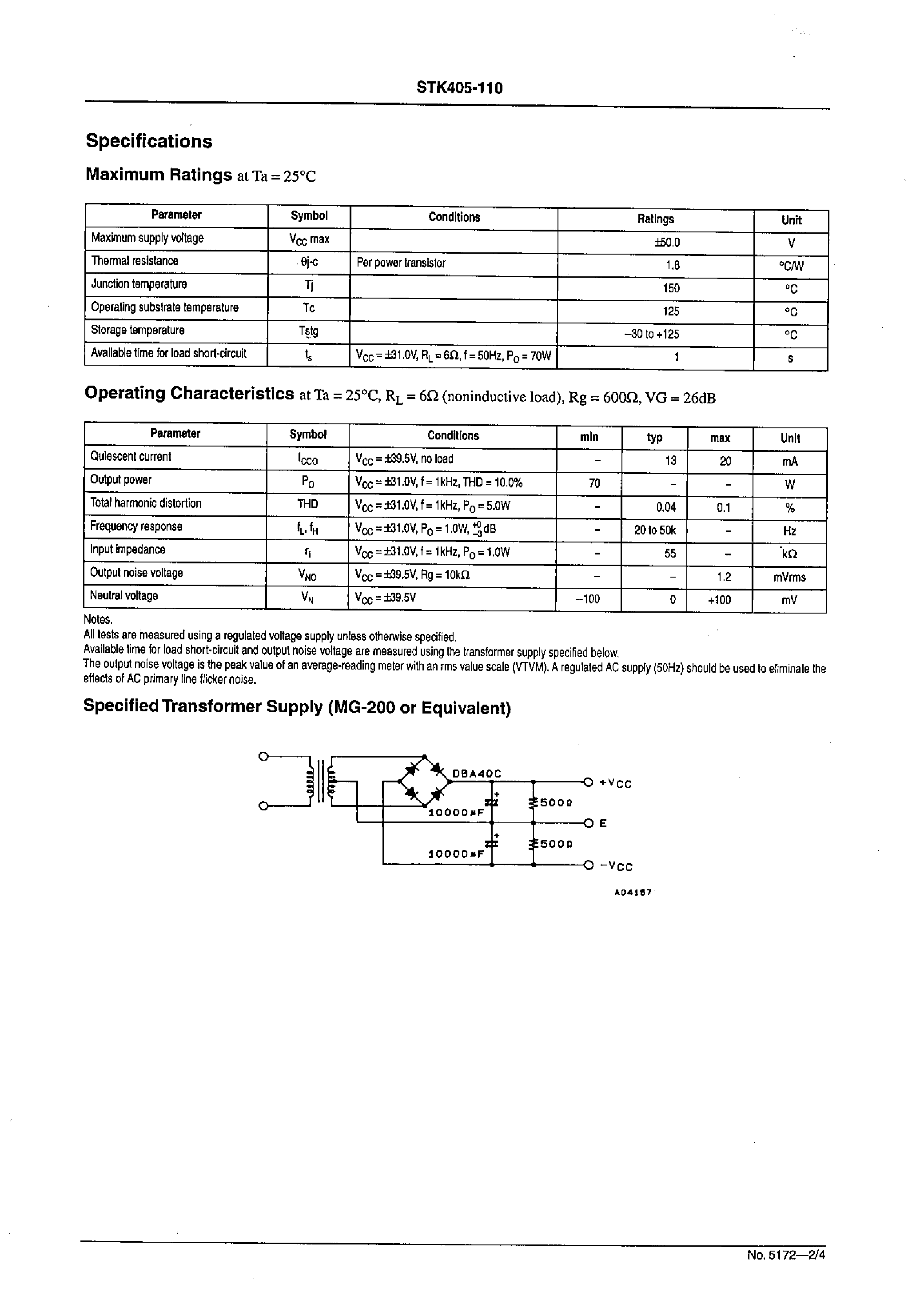 Datasheet STK405-110 - 2ch AF Power Amplifier (Split Power Supply) 70W + 70 W min / THD =10% page 2