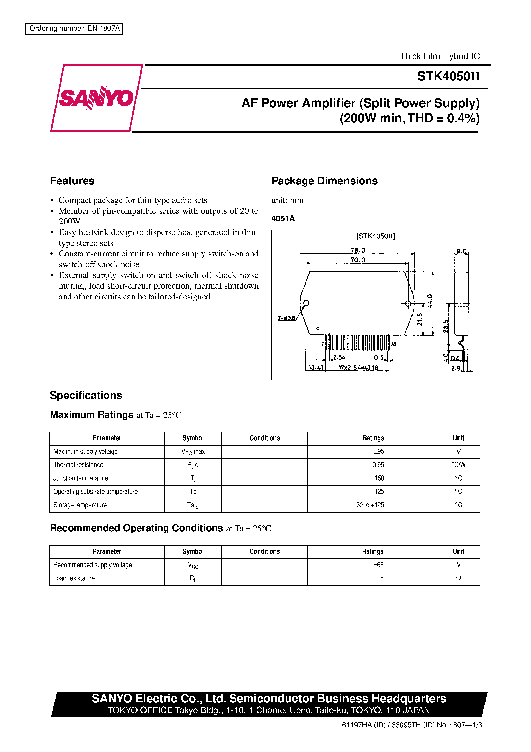 Datasheet STK4050 - AF Power Amplifier (Split Power Supply) (200W min / THD = 0.4%) page 1